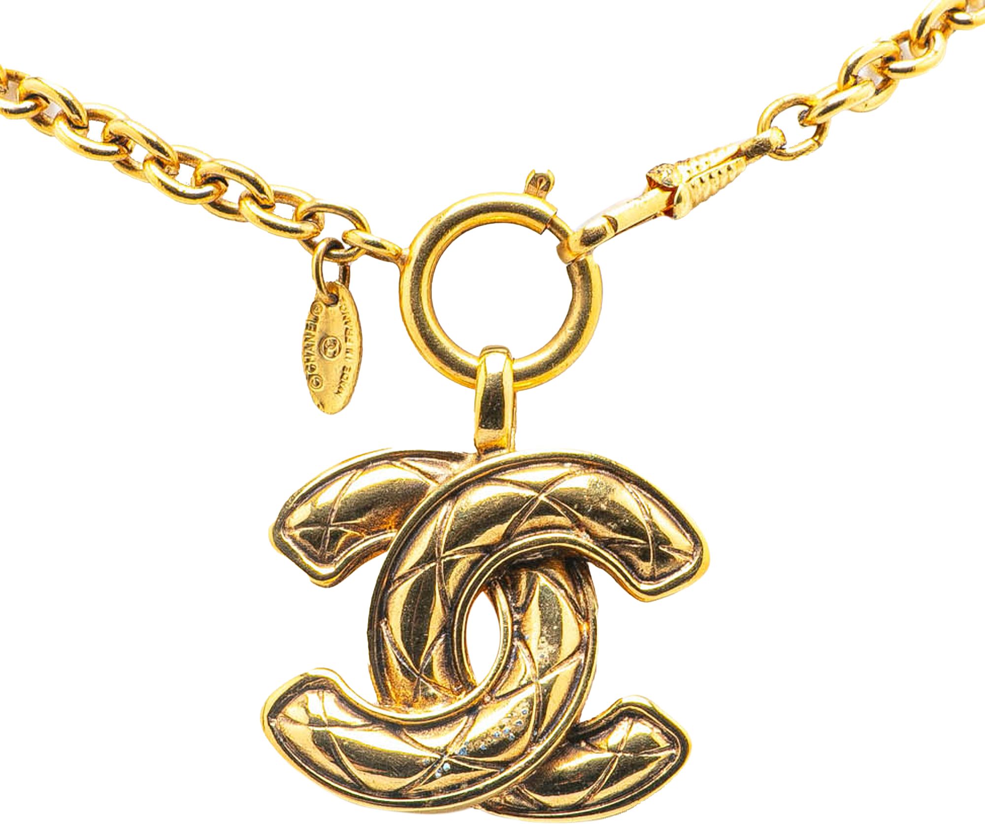 Chanel Gold Plated Quilted Cc Pendant Necklace