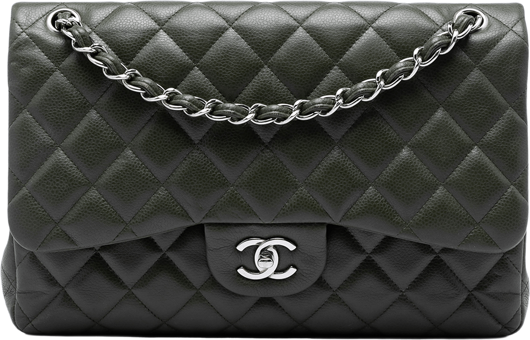 Chanel Jumbo Classic Caviar Double Flap, från Luxclusif, i färgen olive green.