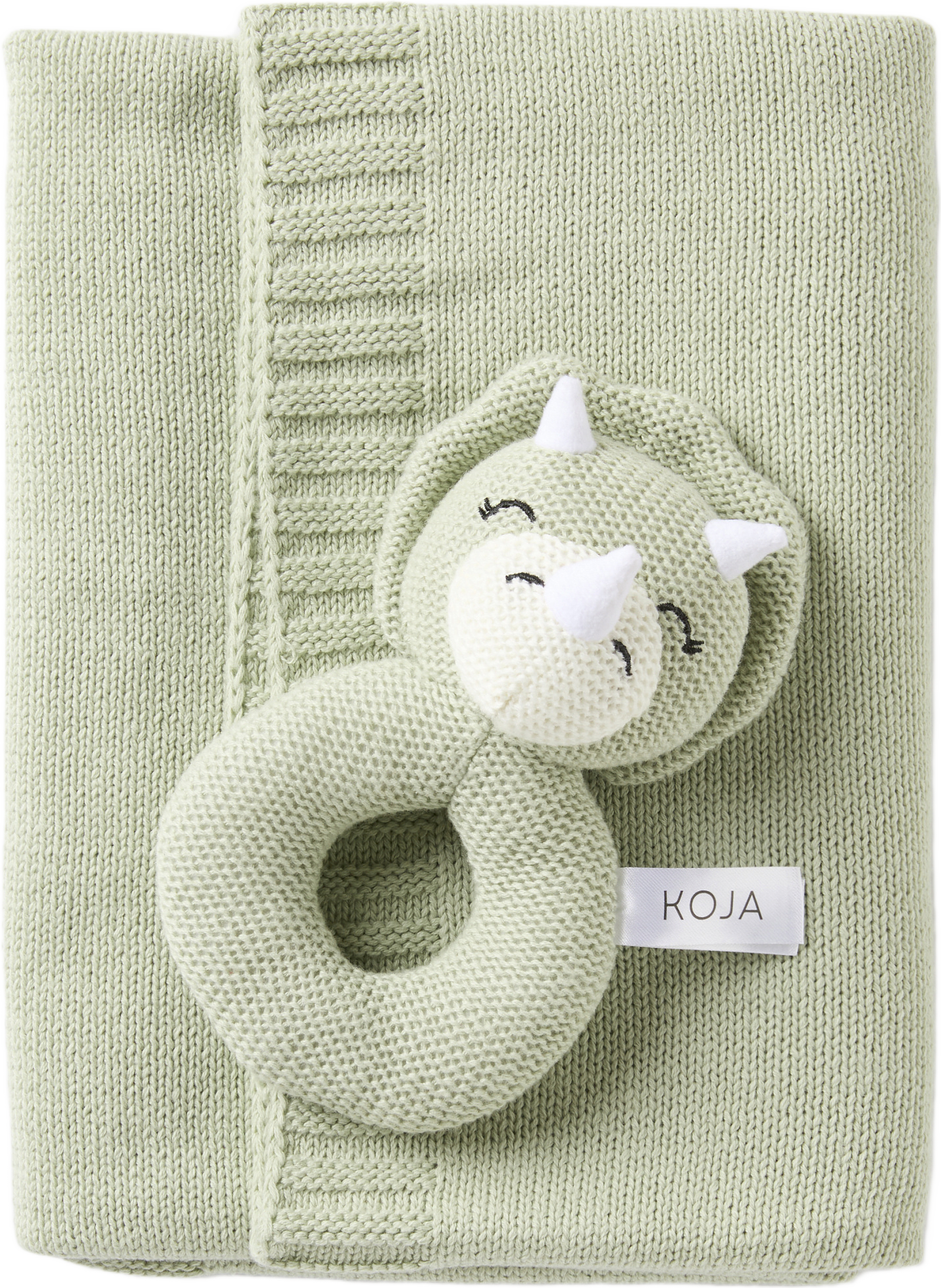 Presentkit skallra + filt MAJA, från Koja, i färgen Sage Green.