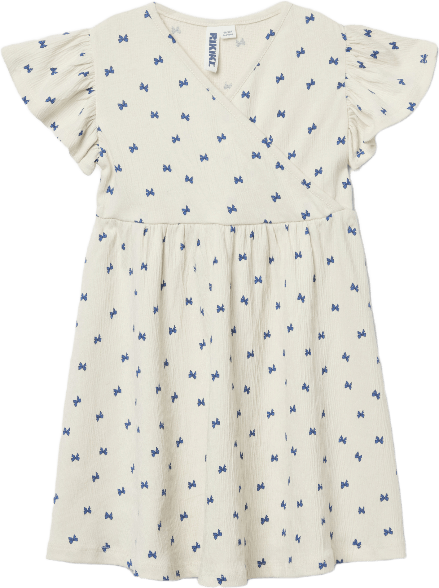Krinklad klänning med volang FRIDA, från RIKIKI, i färgen Bows/Navy.