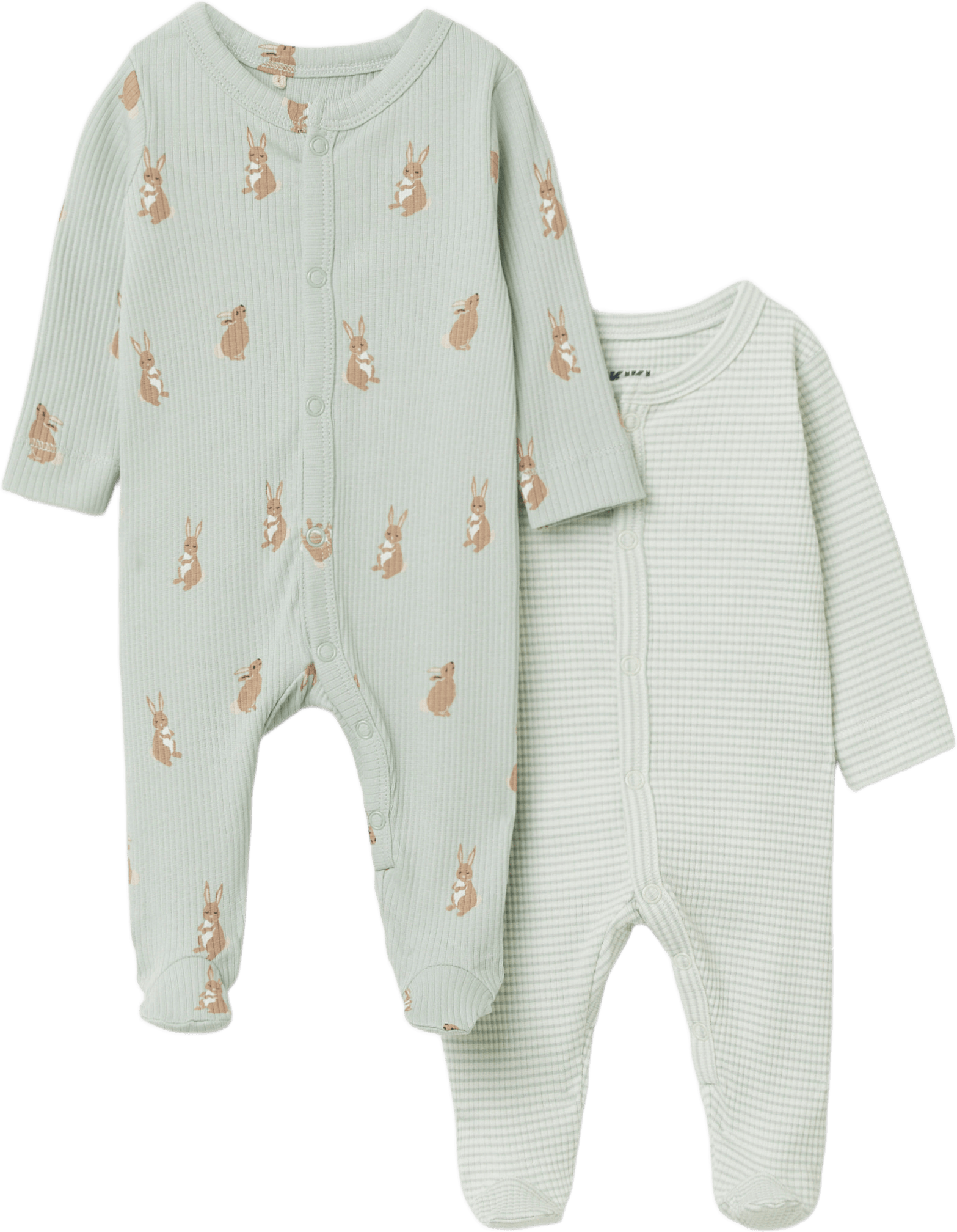 Ribbstickad pyjamas med tryckknappar LELLE, 2-pack, från RIKIKI, i färgen Soft Green.