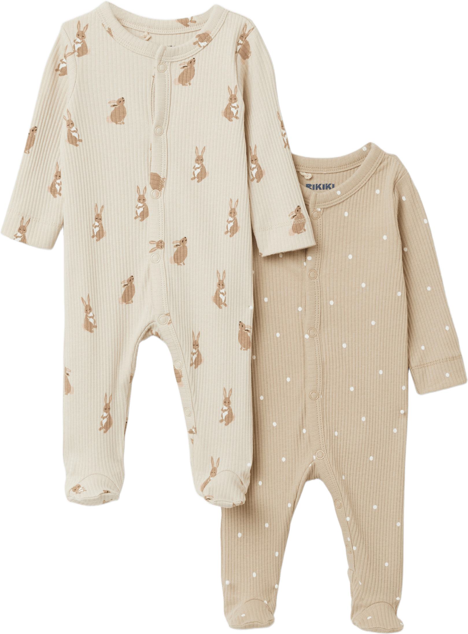 Ribbstickad pyjamas med tryckknappar LELLE, 2-pack, från RIKIKI, i färgen Bunny Darling.
