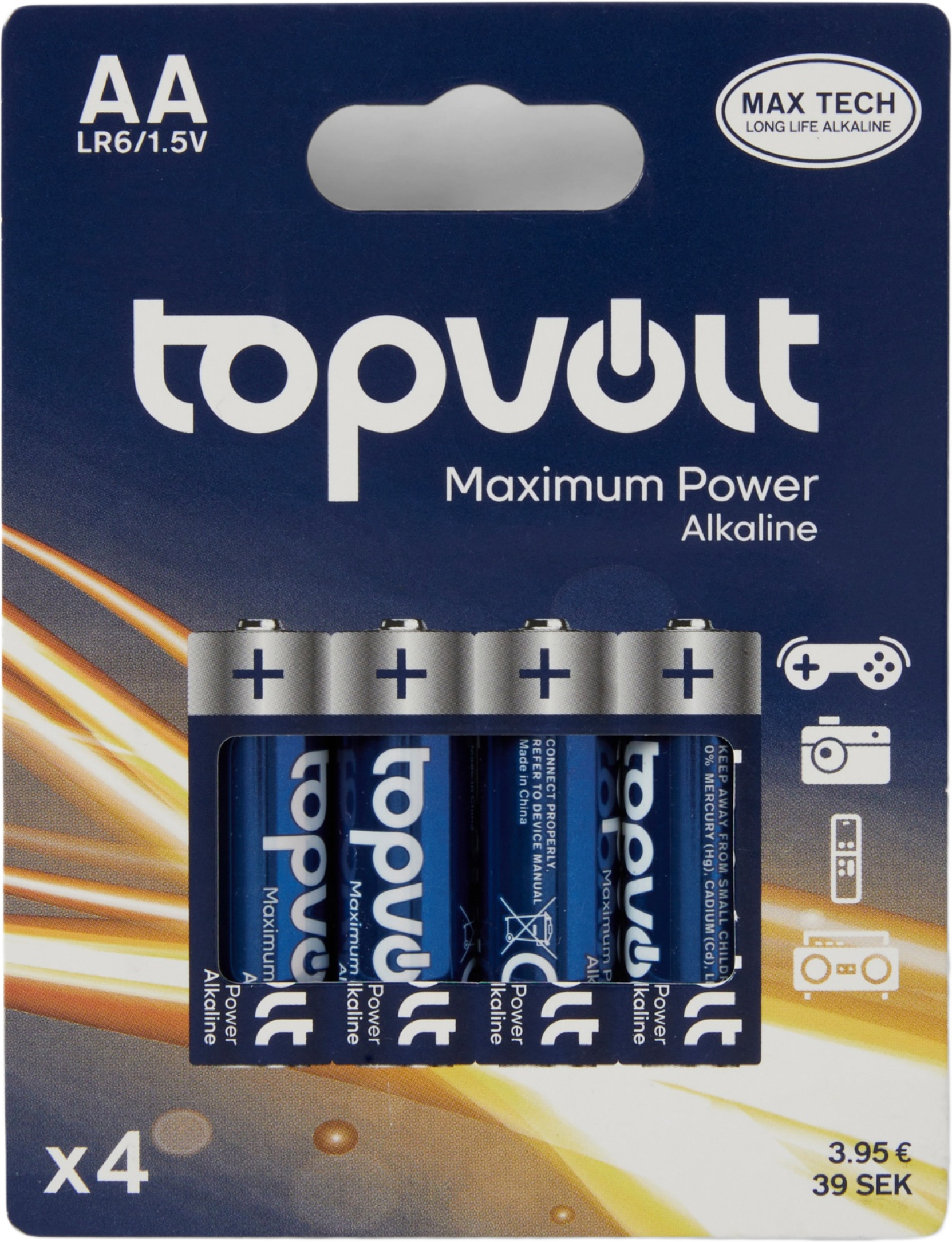 Alkaliskt batteri AA/LR6, 4-pack, från Topvolt.