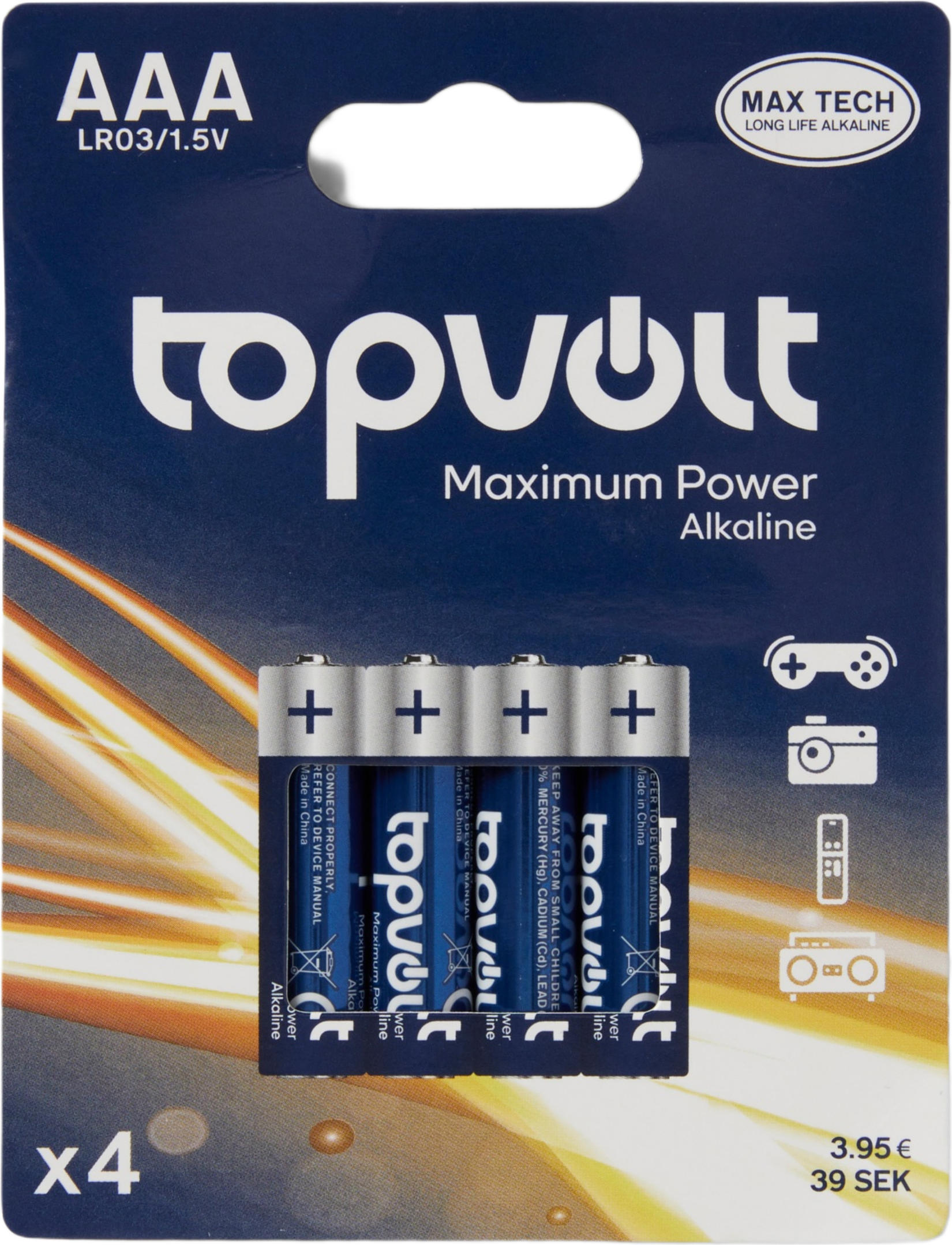 Alkaliskt batteri AAA/LR03, 4-pack, från Topvolt.