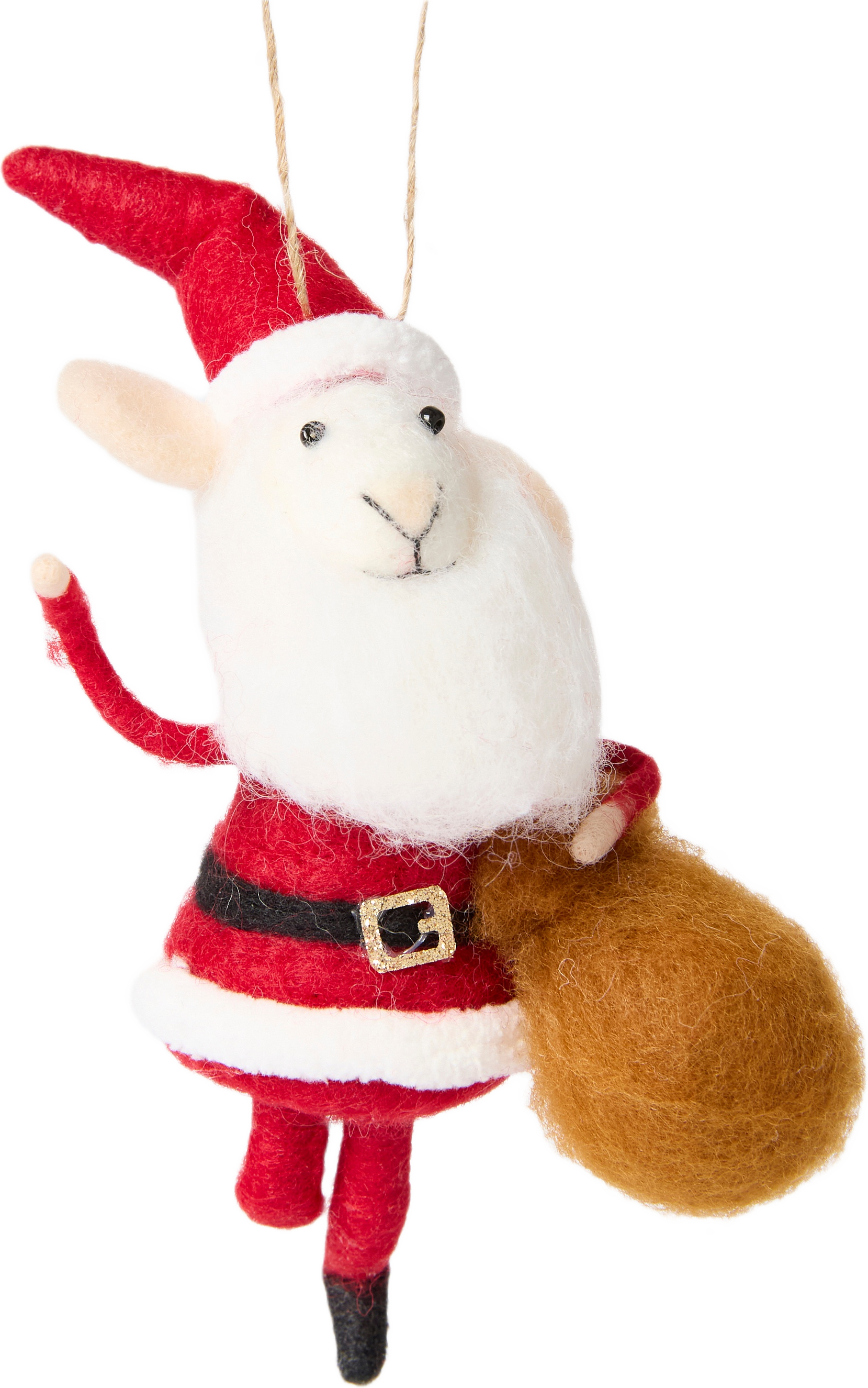 Julgranshänge i ull tomte-mus med säck, från Åhléns Home, i färgen Red.