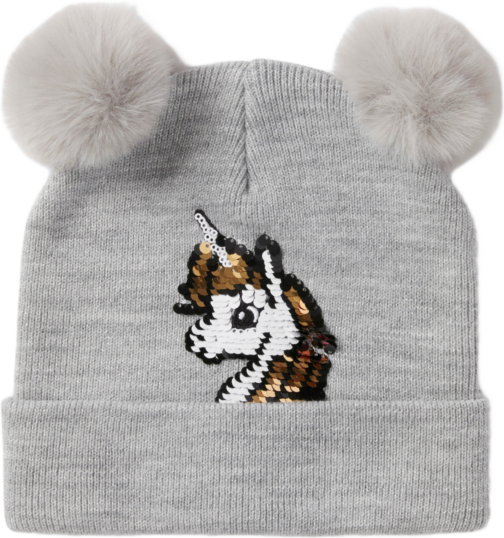 Glittrig mössa med pälsbollar NORA, från RIKIKI, i färgen Silver.