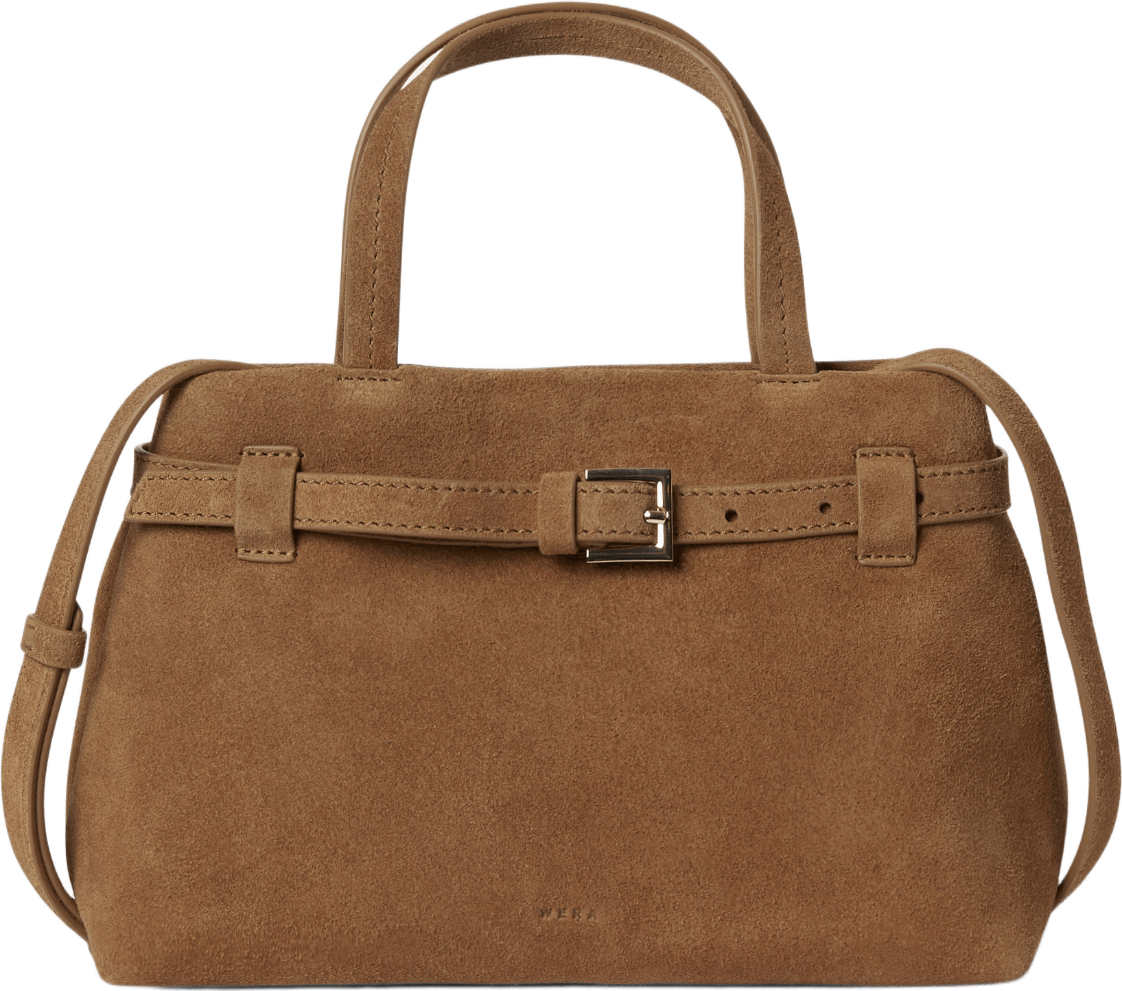 Liten crossbody i mocka TIA, från Wera, i färgen Cognac Suede.