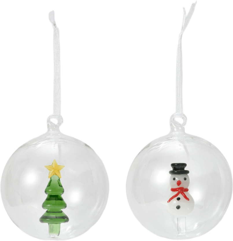 Julkulor i glas SNÖGUBBE + GRAN, 2-pack, från Åhléns Home, i färgen Transparant.