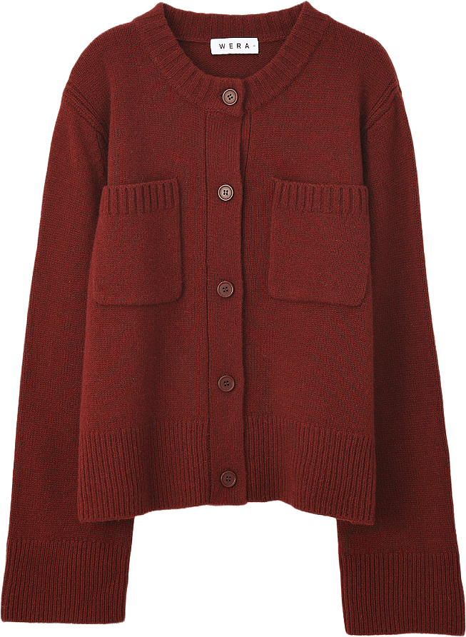 Cardigan i ull CAMELIA, från Wera, i färgen Rust.