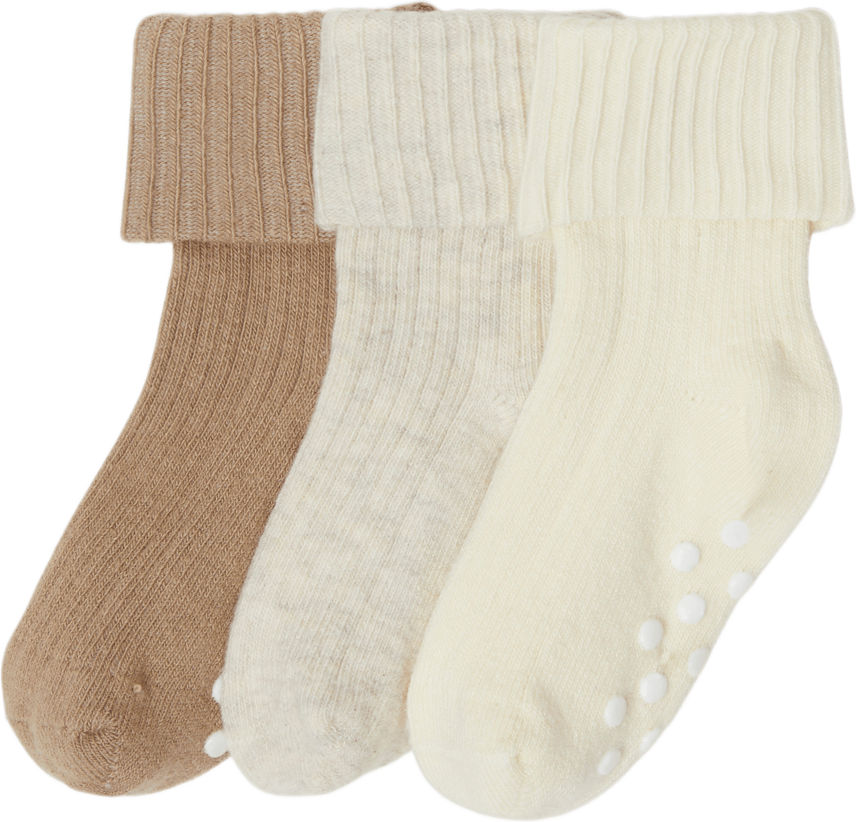 Vikbara strumpor med halkskydd, 3-pack, från RIKIKI, i färgen Beige.