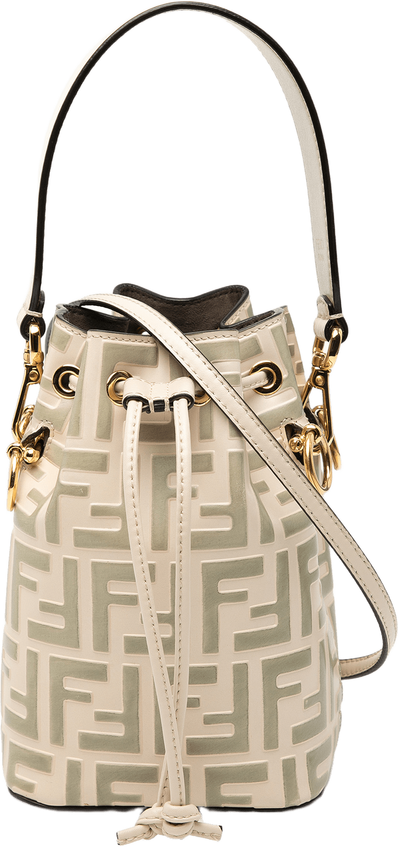 Fendi Mini Zucca Embossed Leather Mon Tresor Bucket Bag, från Luxclusif, i färgen beige.