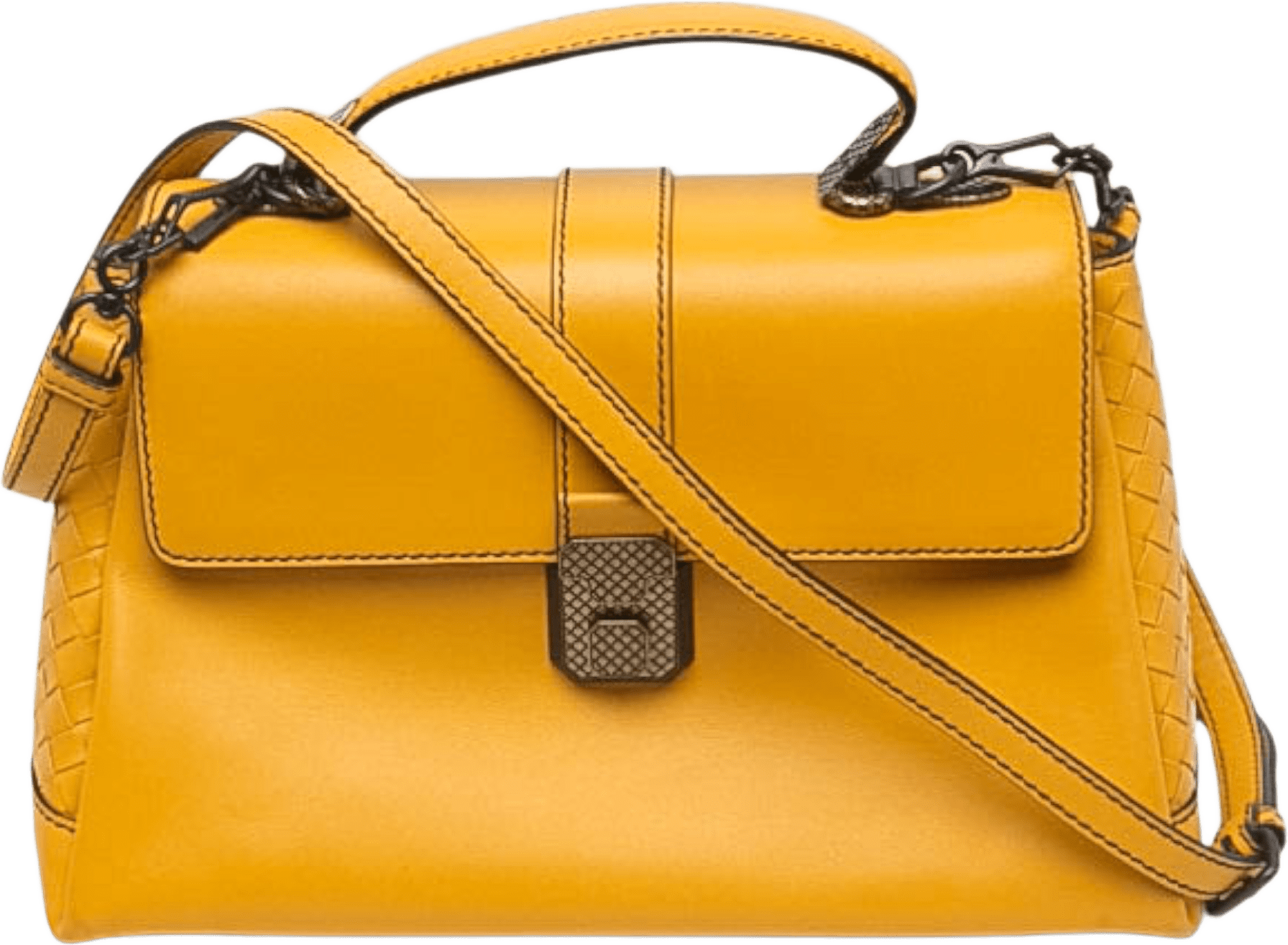 Bottega Veneta Medium Intrecciato Trimmed Nappa Piazza Top Handle Satchel, från Luxclusif, i färgen gul.