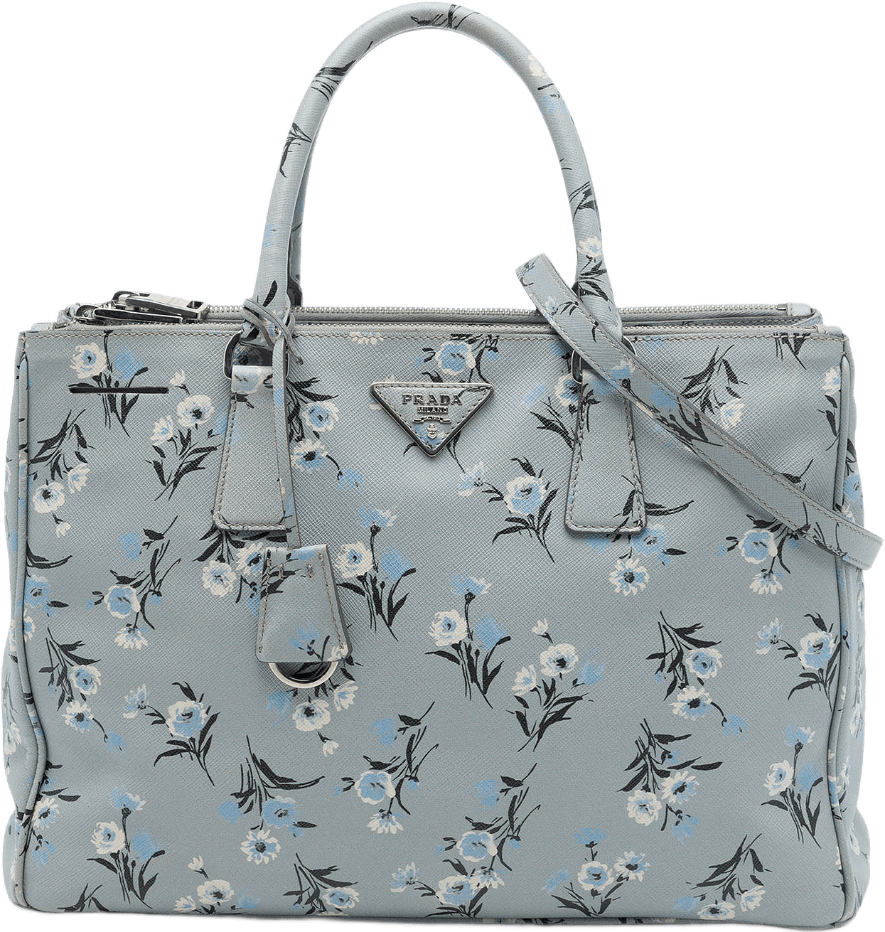 Prada Medium Saffiano Lux Galleria Floral Print Double Zip Satchel, från Luxclusif, i färgen grå.
