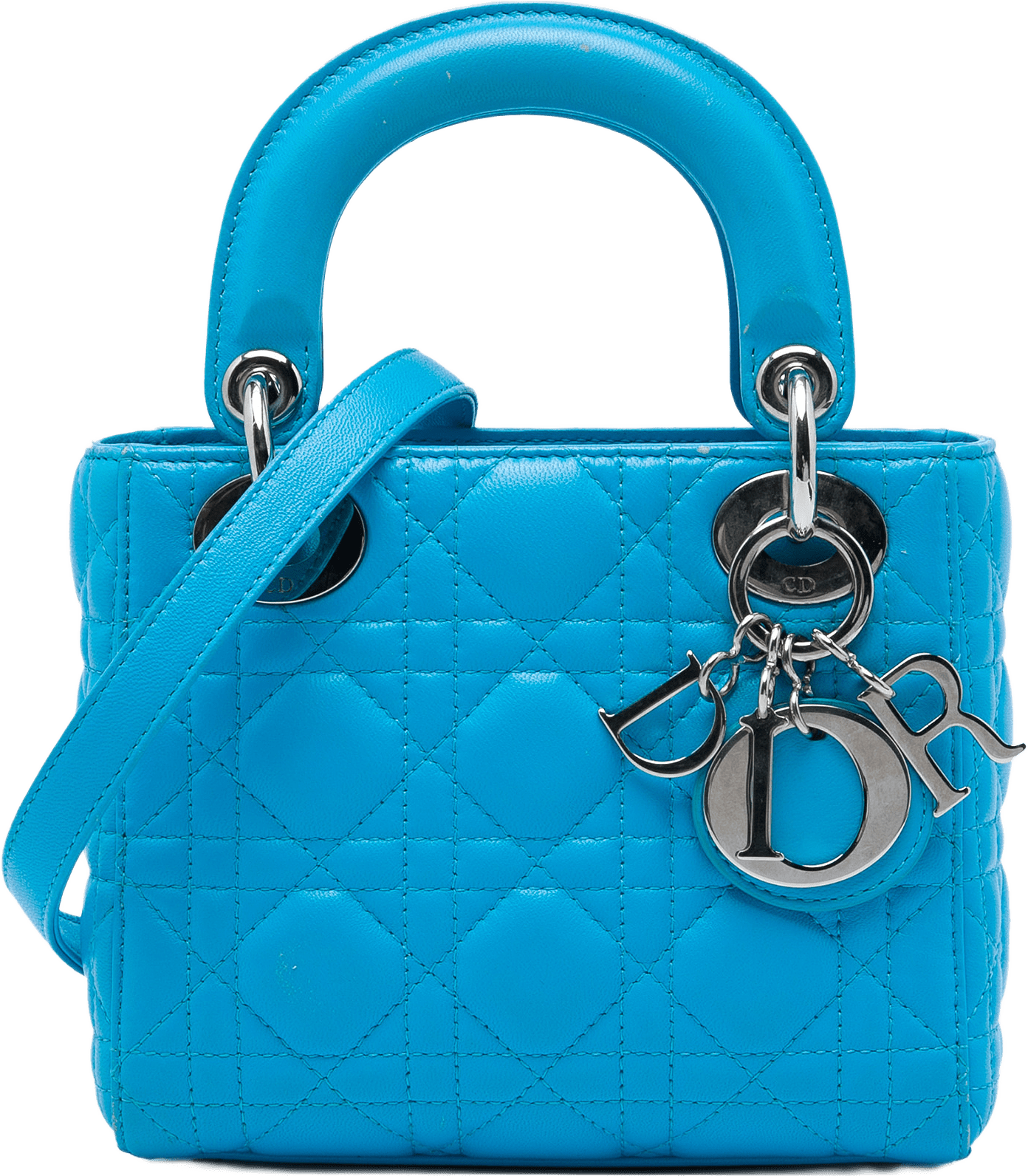Dior Mini Lambskin Cannage Lady Dior, från Luxclusif, i färgen blå.