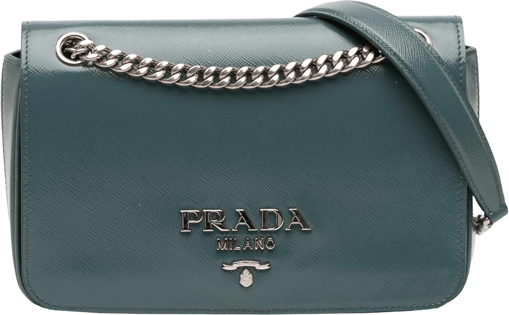 Prada Saffiano Vernice Pattina Flap, från Luxclusif, i färgen peacock.