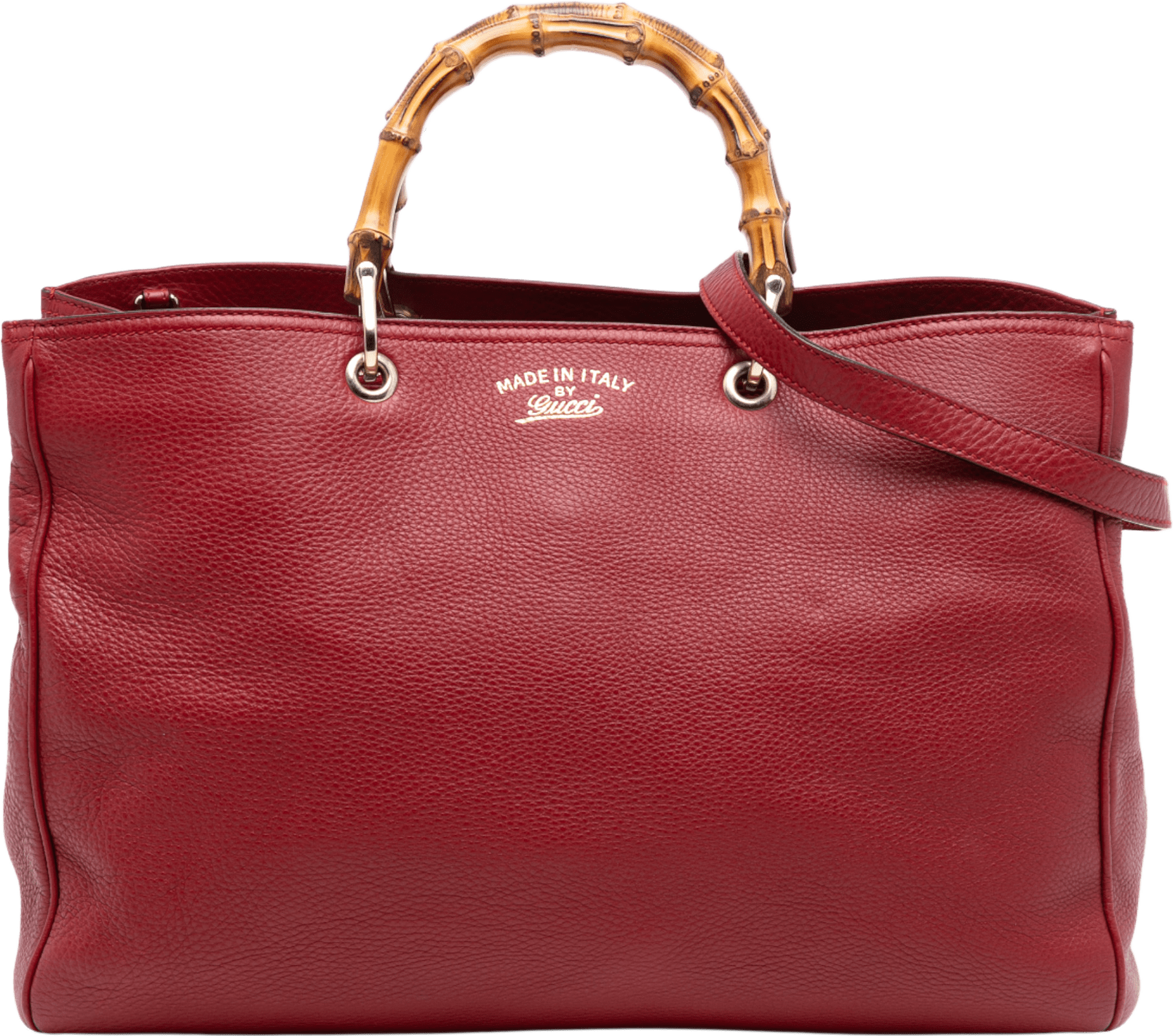 Gucci Large Calfskin Bamboo Shopper Sachel, från Luxclusif, i färgen red.
