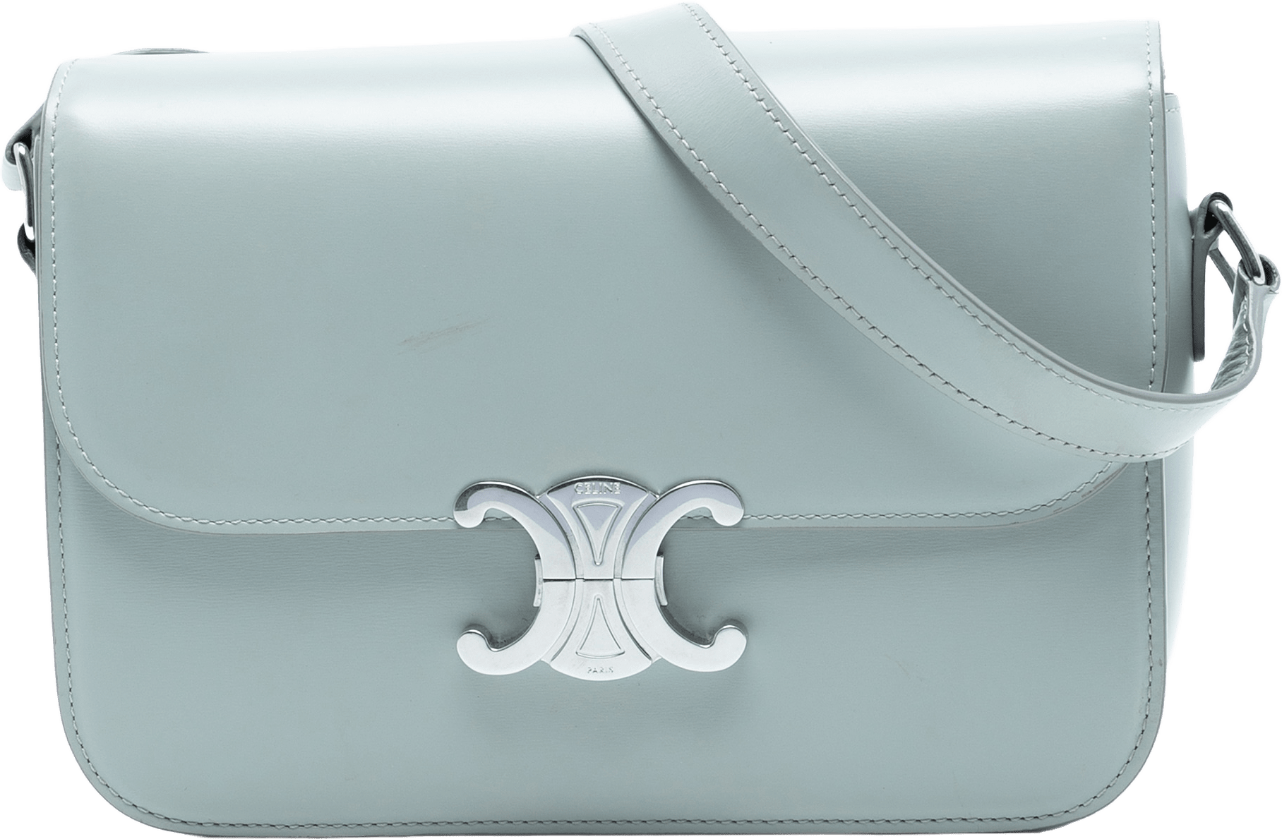 Celine Classique Shiny Calfskin Triomphe Crossbody, från Luxclusif, i färgen light blue.