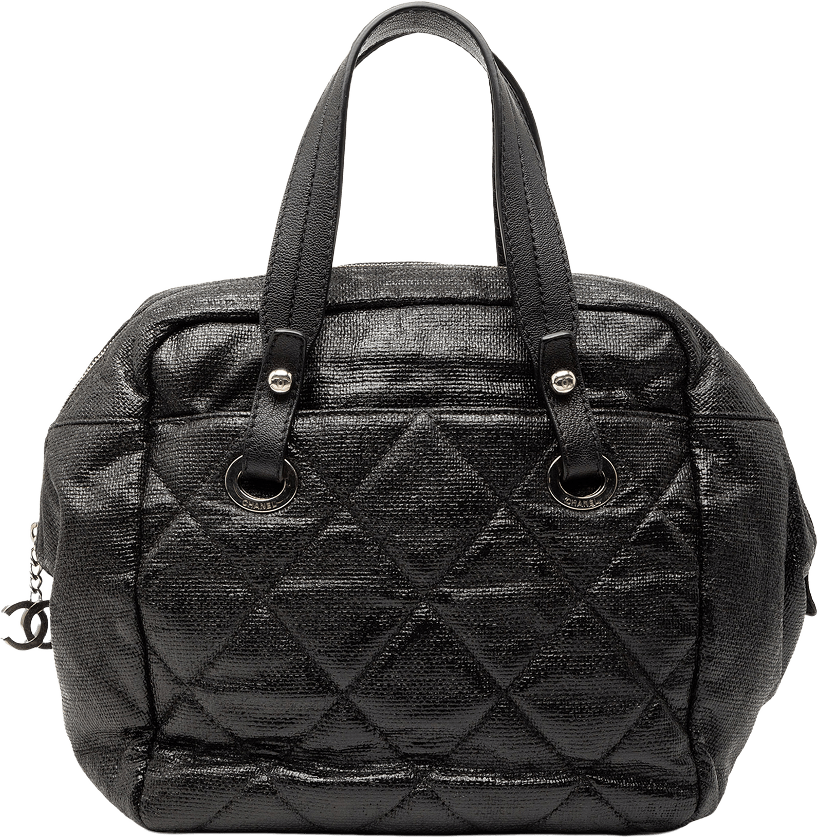 Chanel Quilted Coated Canvas Paris Biarritz Bowler Bag, från Luxclusif, i färgen black.