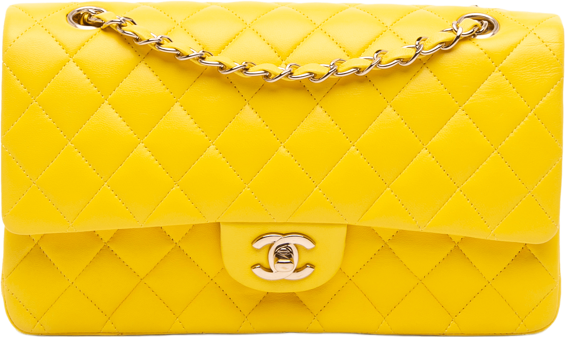 Chanel Medium Classic Lambskin Double Flap, från Luxclusif, i färgen mustard.