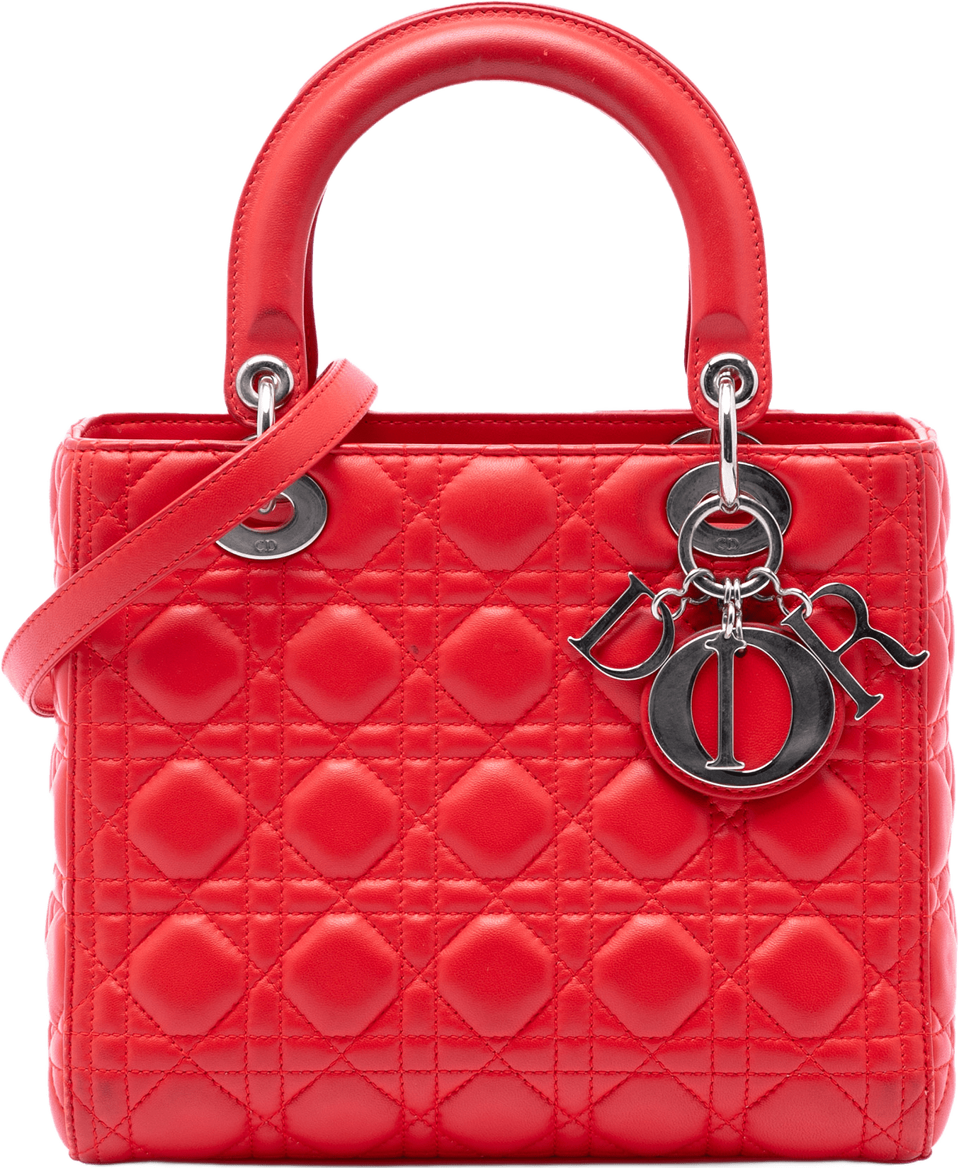 Dior Medium Lambskin Cannage Lady Dior, från Luxclusif, i färgen röd.