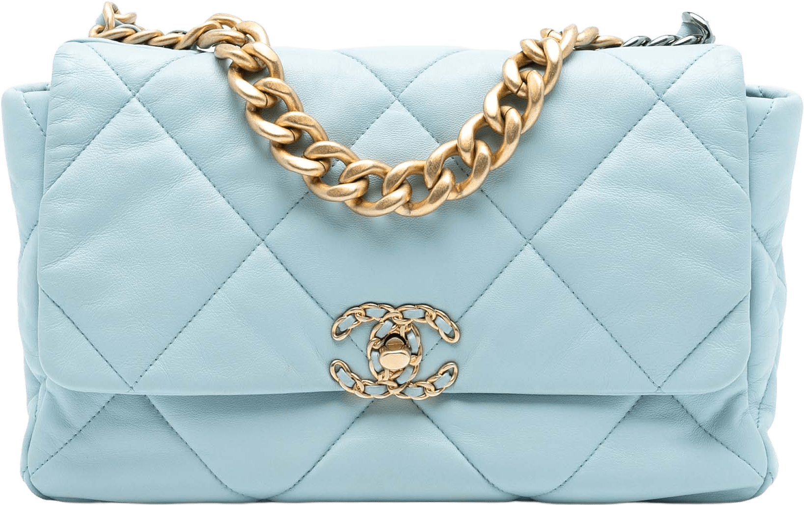 Chanel Large Lambskin 19 Flap, från Luxclusif, i färgen light blue.