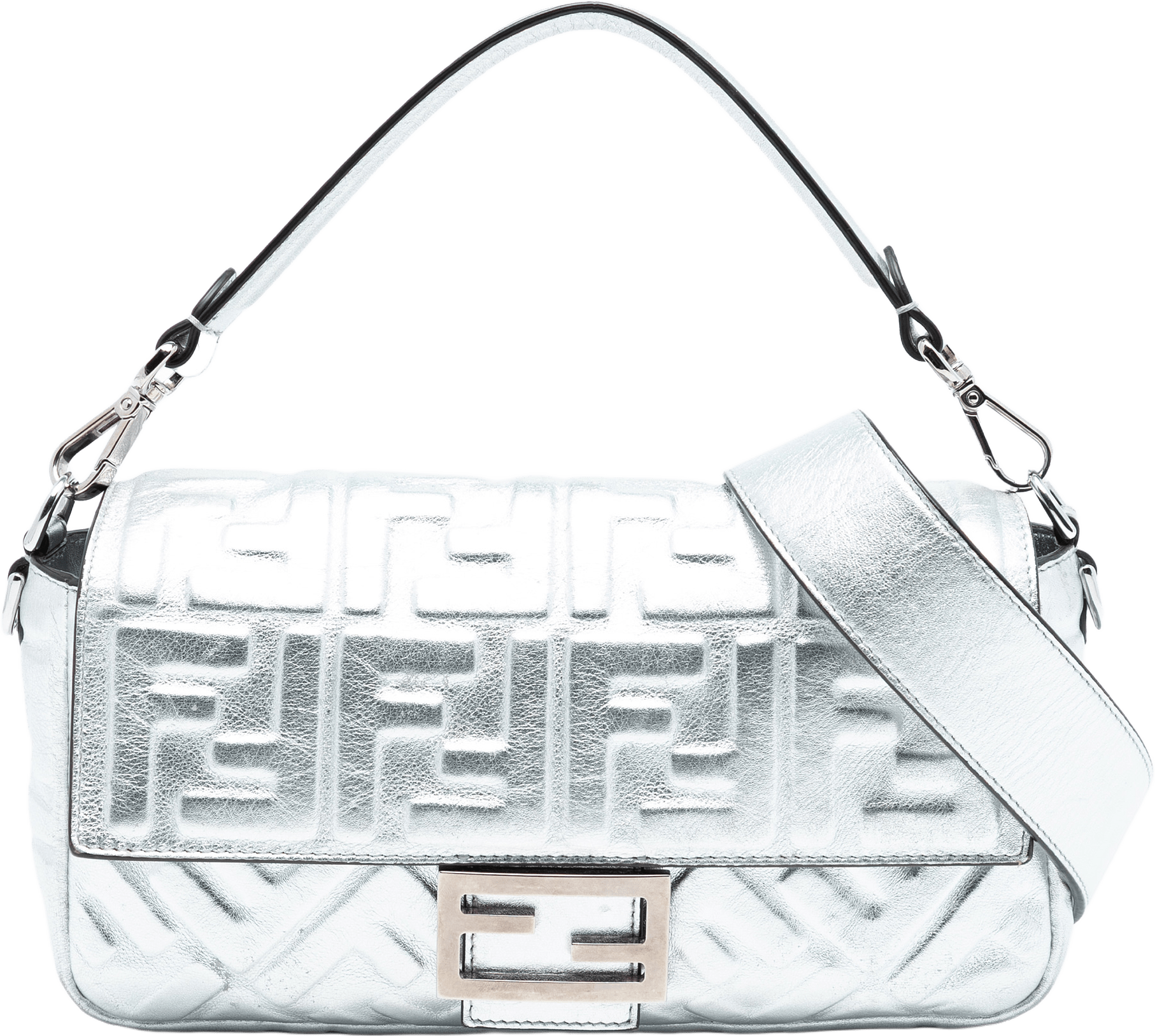 Fendi Medium Metallic Leather Embossed Ff Baguette Satchel, från Luxclusif, i färgen silver.