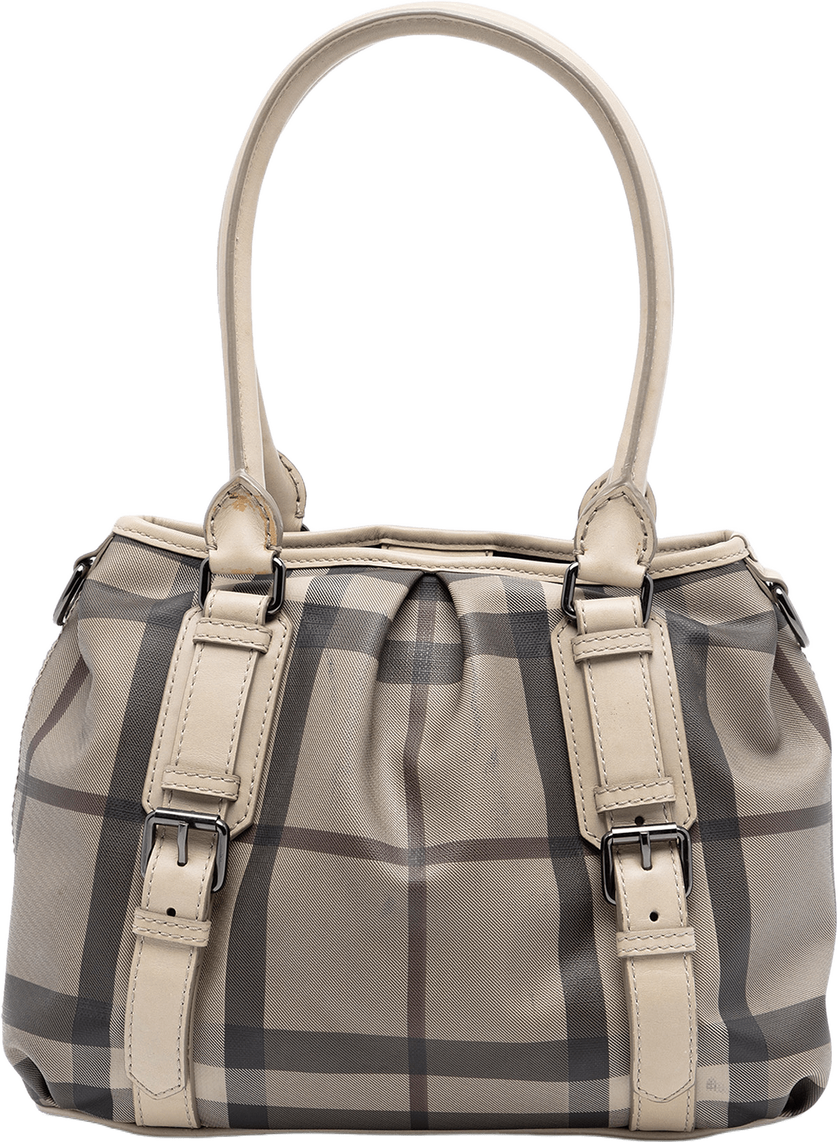 Burberry Small Smoke Check Coated Canvas Northfield Satchel, från Luxclusif, i färgen beige.