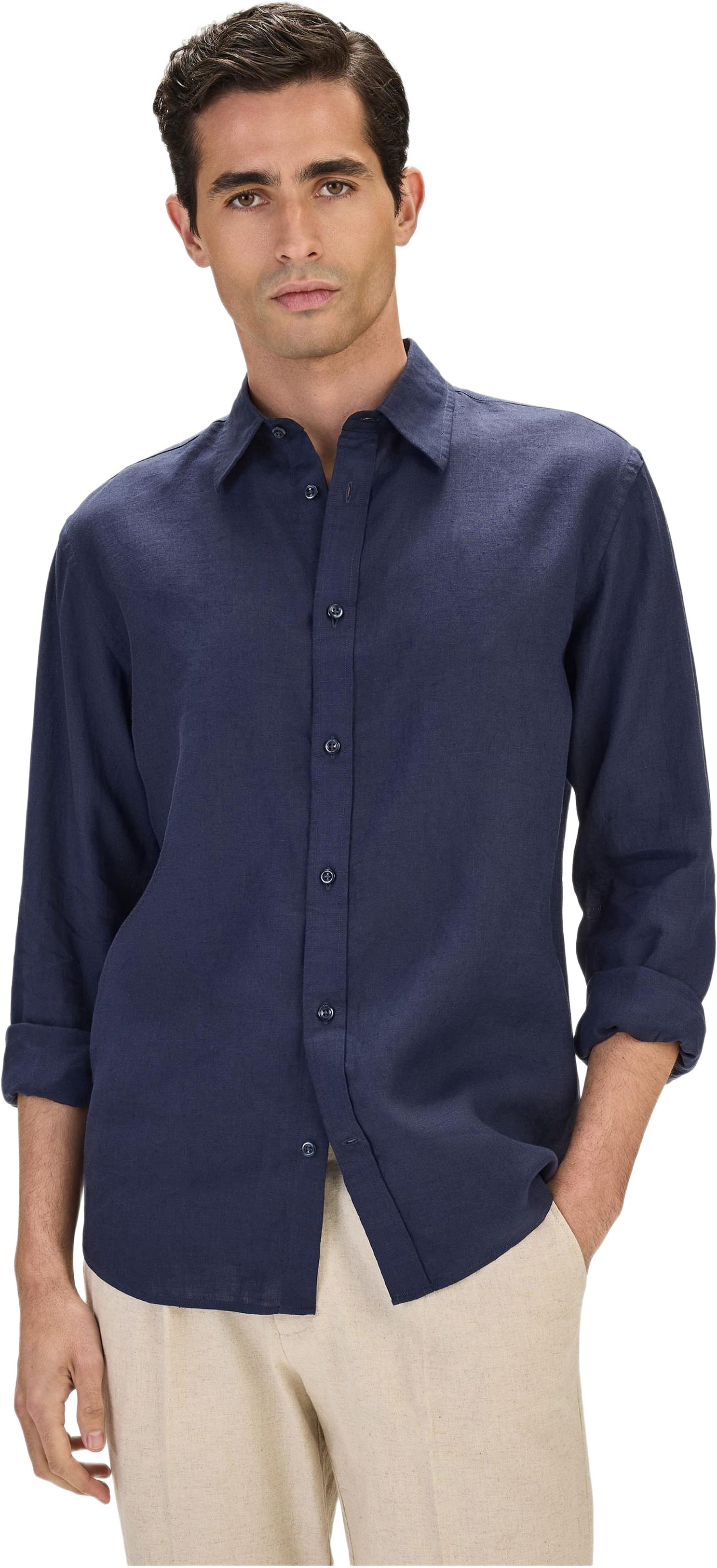 Casual Linen Shirt Solid Pointed Collar, från John Henric, i färgen navy blue.