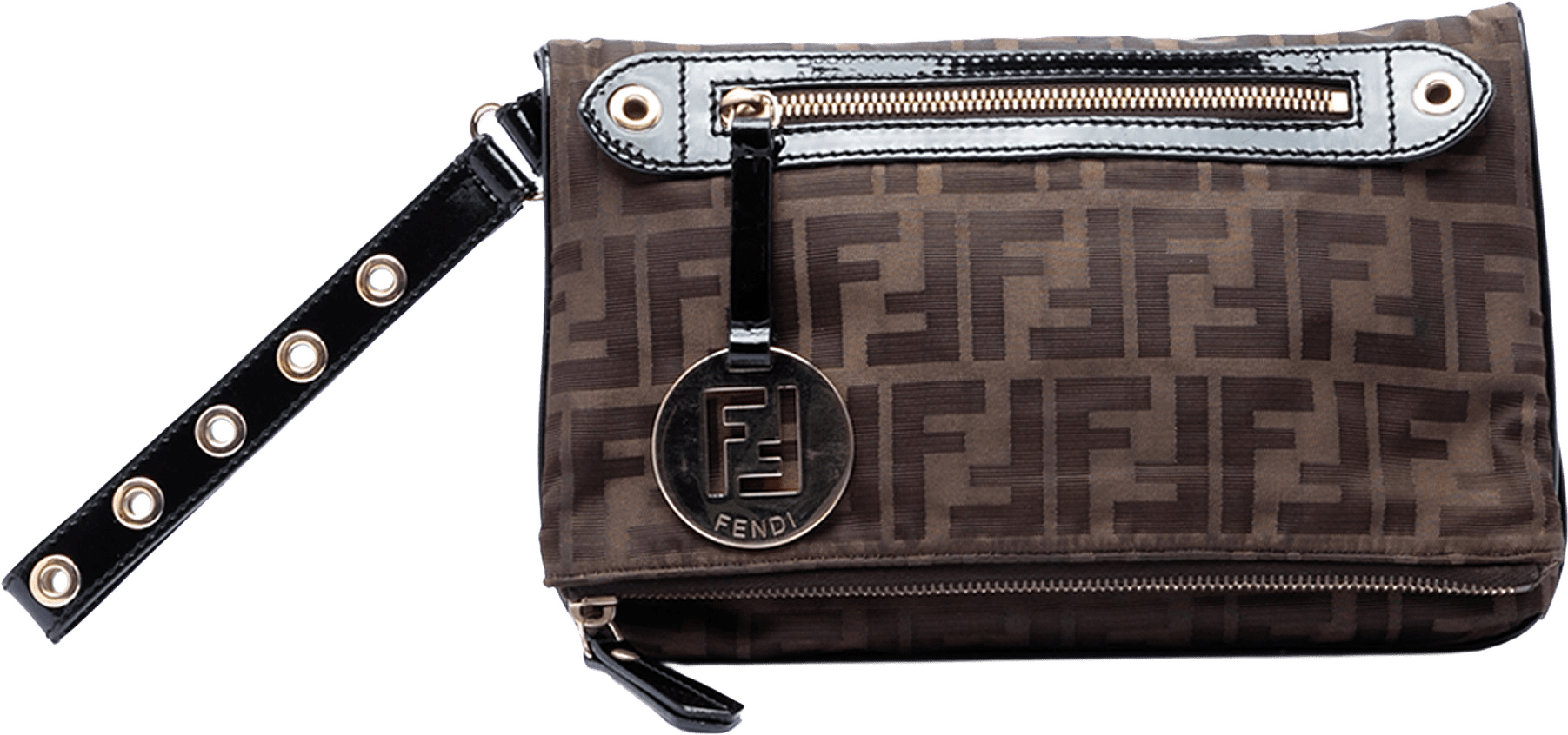 Fendi Zucca Canvas Flap Wristlet Clutch, från Luxclusif, i färgen brown.