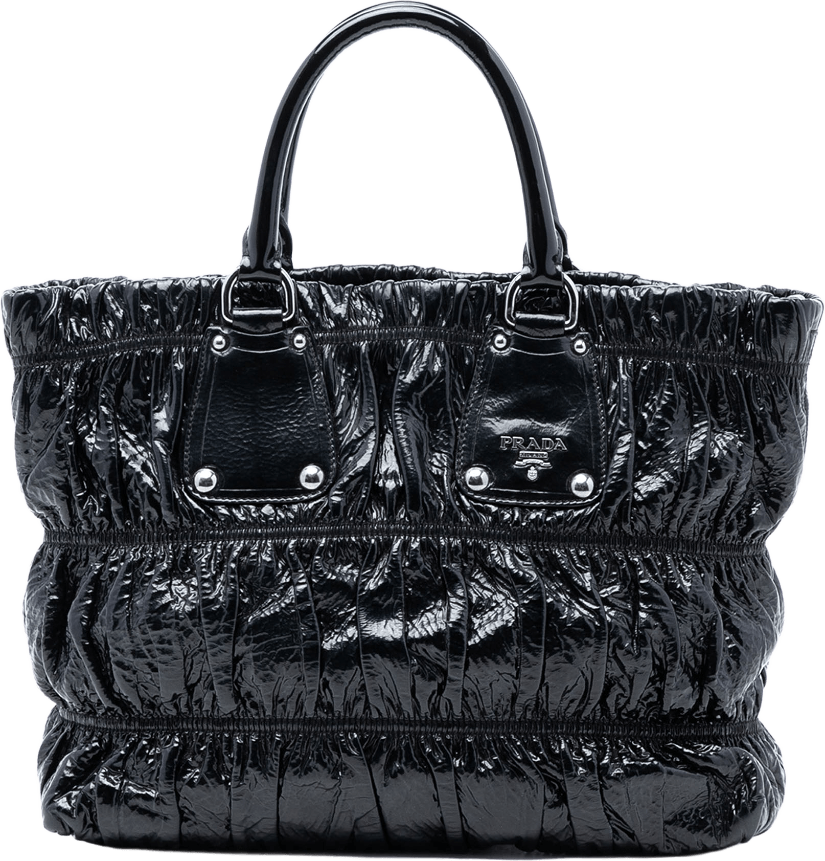 Prada Vernice Gaufre Satchel, från Luxclusif, i färgen black.