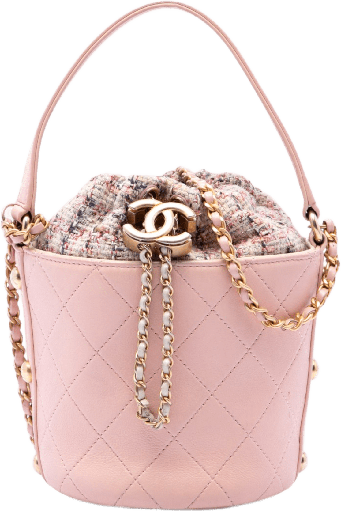 Chanel Small Cc Calfskin And Tweed Drawstring Bucket Bag, från Luxclusif, i färgen rosa.