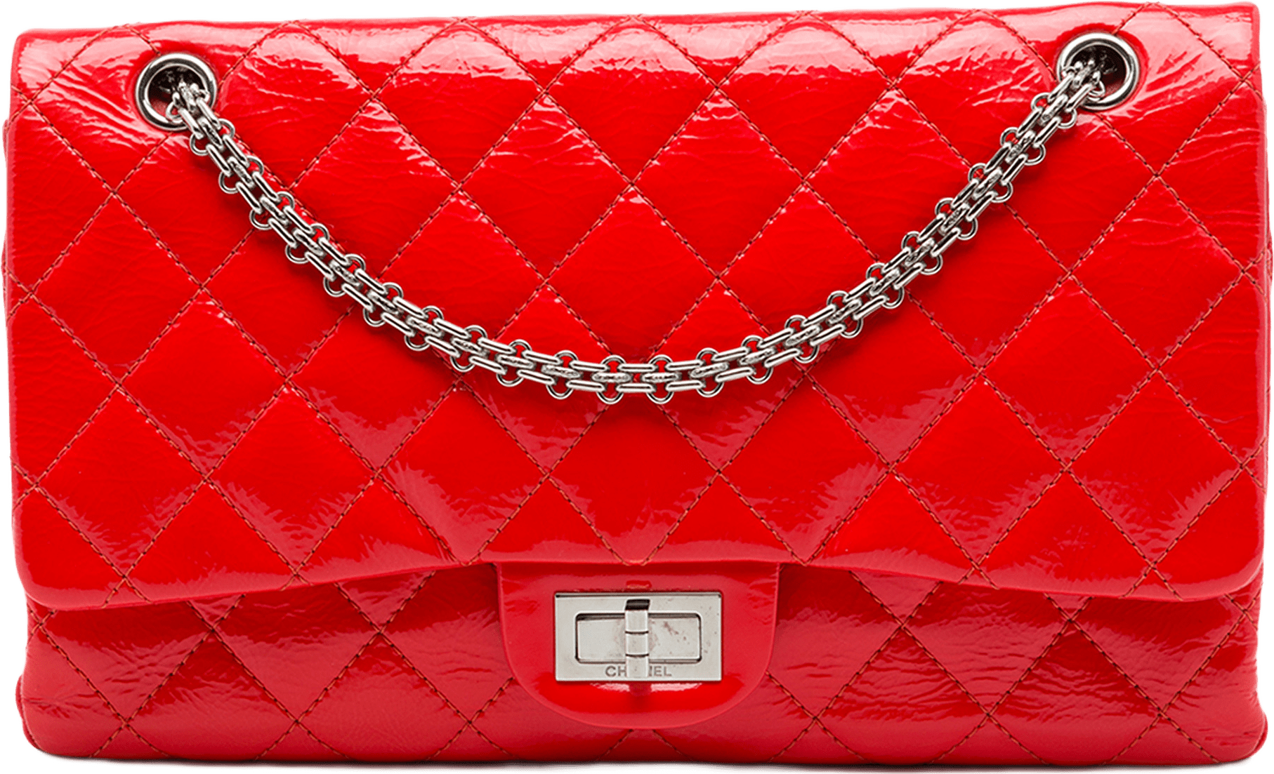 Chanel Quilted Crinkled Patent Reissue 2.55 Double Flap 227, från Luxclusif, i färgen röd.