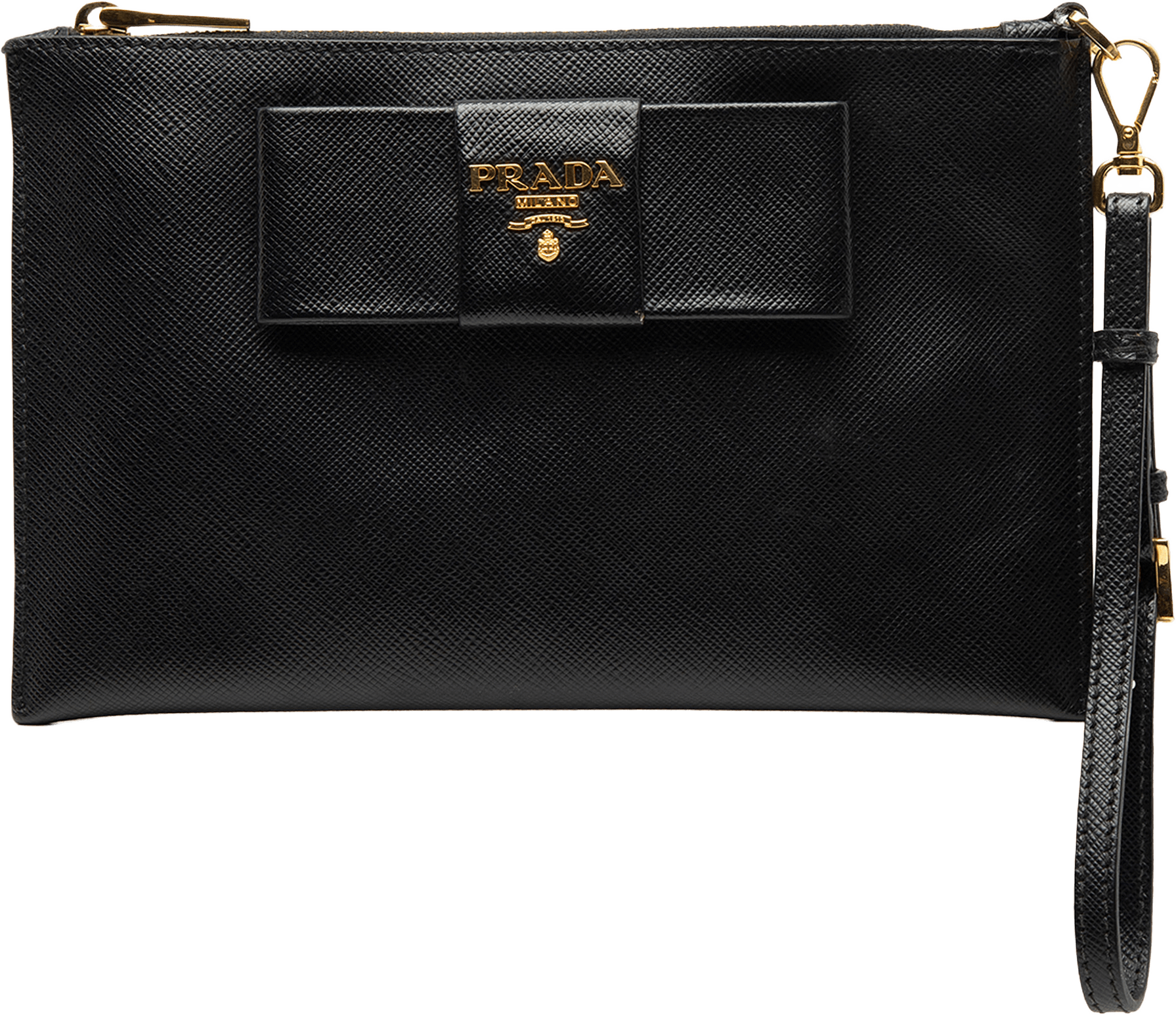 Prada Saffiano Bow Clutch, från Luxclusif, i färgen black.