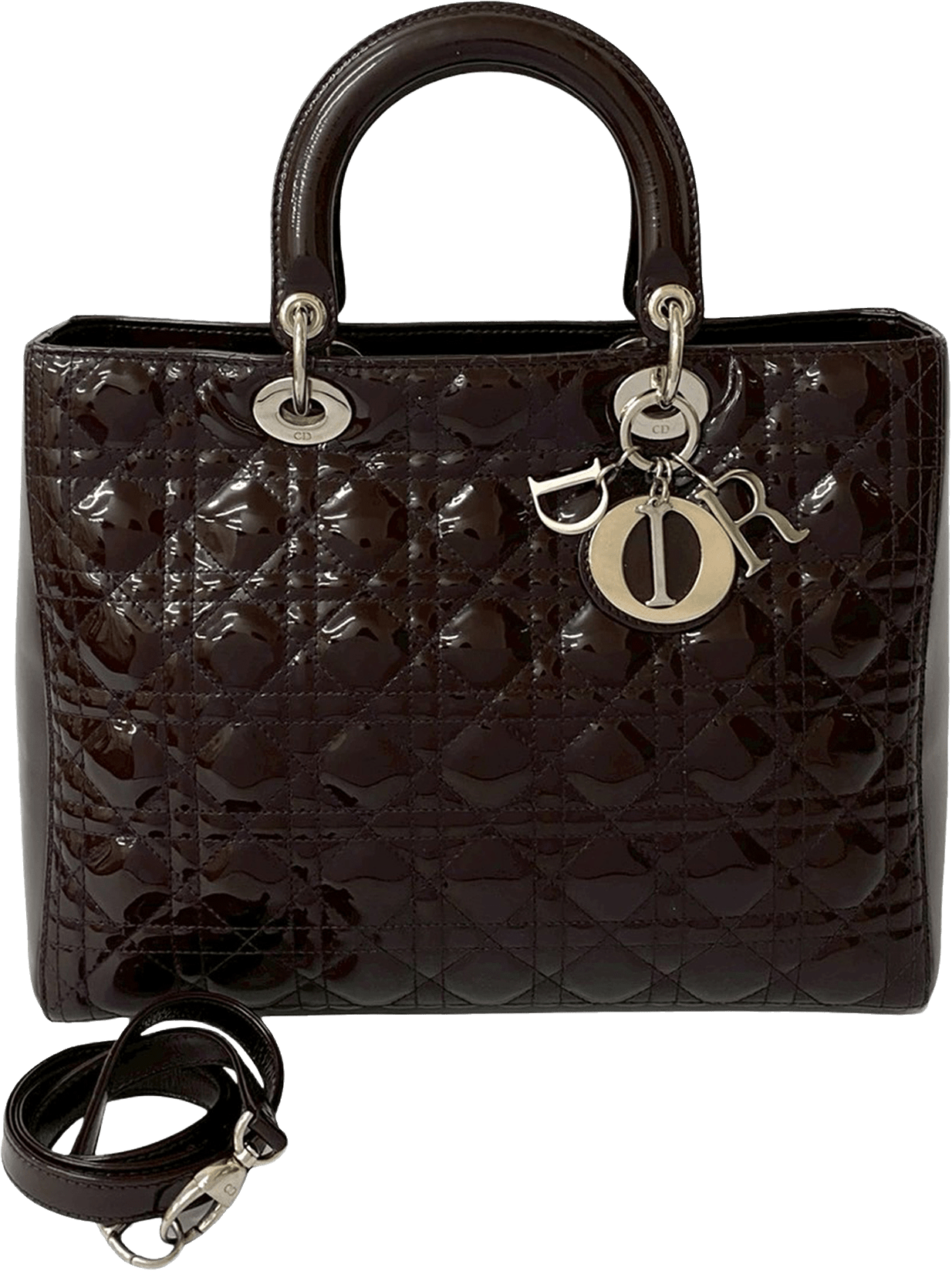 Dior Large Patent Cannage Lady Dior, från Luxclusif, i färgen dark brown.