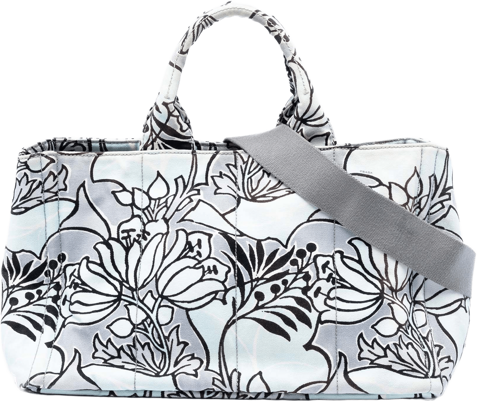 Prada Medium Floral Printed Canvas Canapa Satchel, från Luxclusif, i färgen light blue.