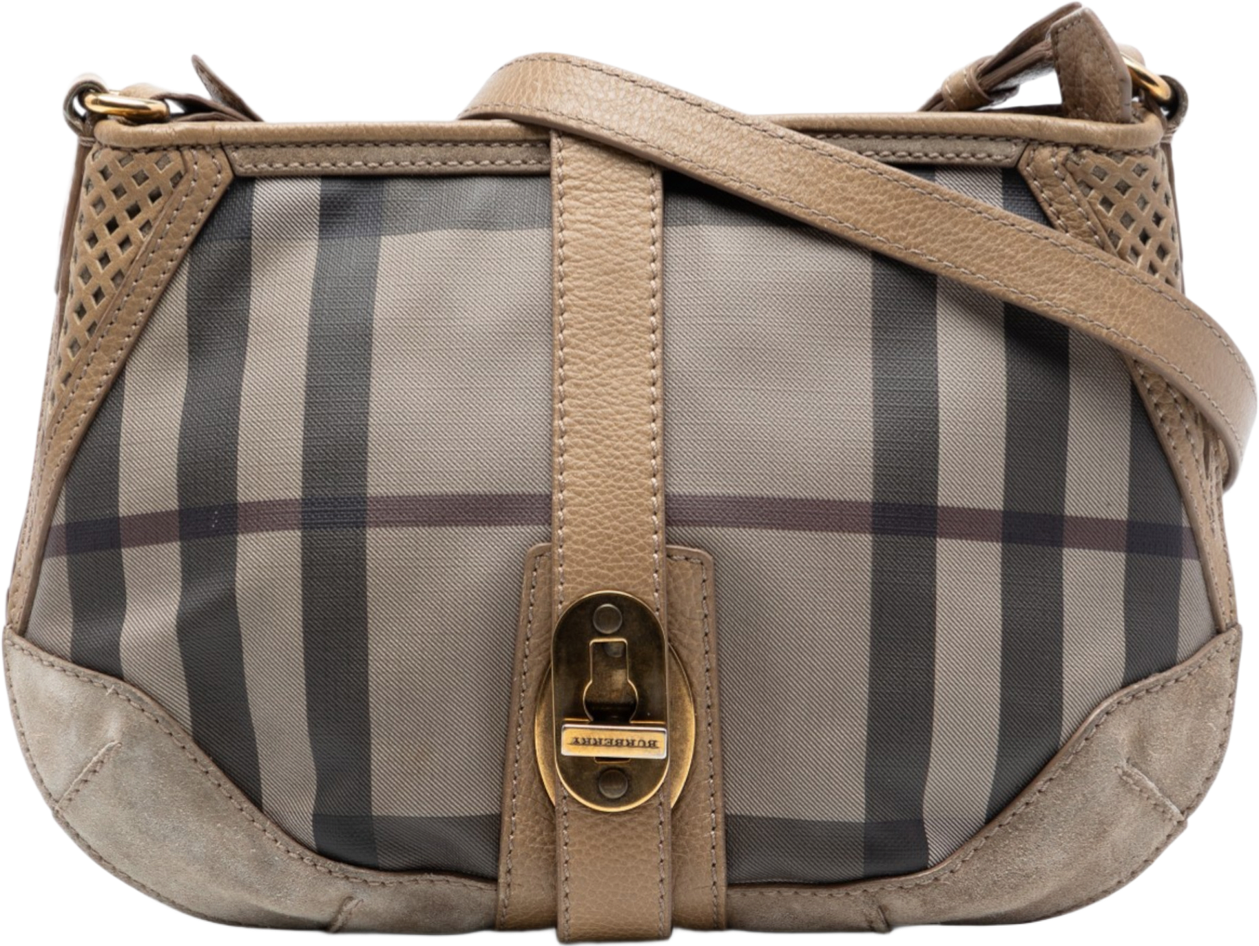 Burberry Smoke Check Coated Canvas Bartow Crossbody, från Luxclusif, i färgen beige.