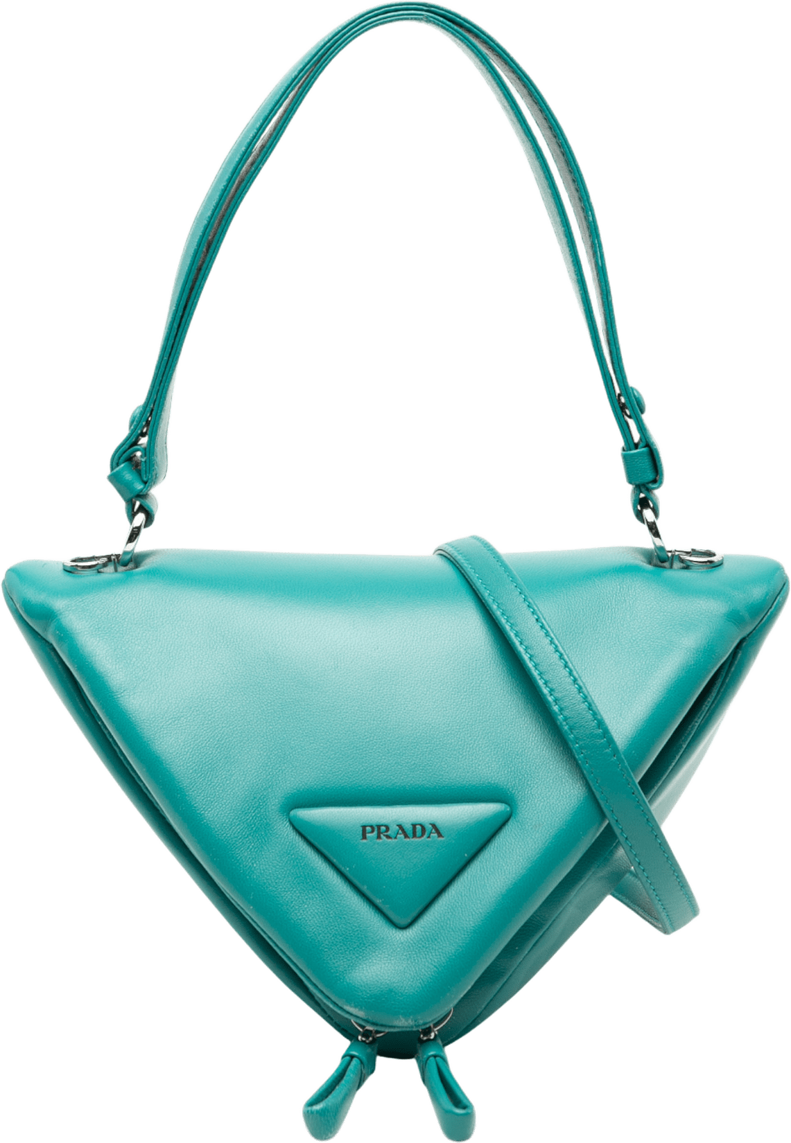 Prada Nappa Padded Signaux Triangle Satchel, från Luxclusif, i färgen turquoise.
