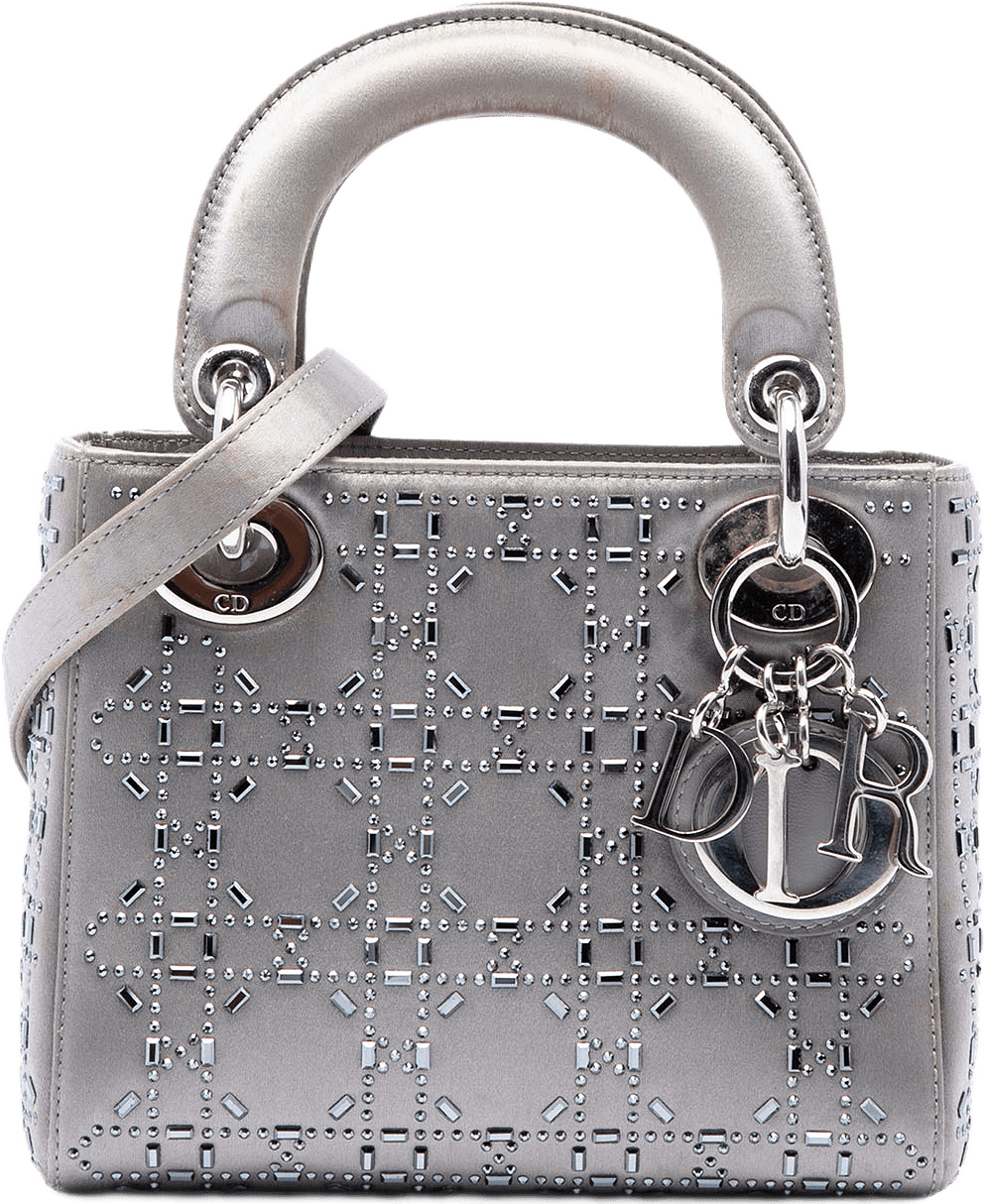 Dior Mini Satin Cannage Crystal Embellished Lady Dior, från Luxclusif, i färgen grå.
