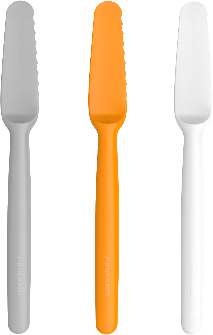 Smörknivar FF i plast 3 st, från Fiskars, i färgen Vit Orange Grå.