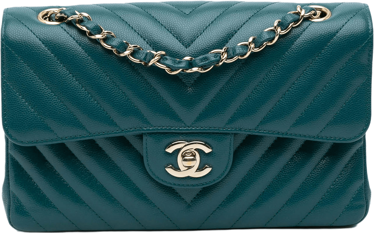 Chanel Small Classic Chevron Caviar Double Flap, från Luxclusif, i färgen turquoise.