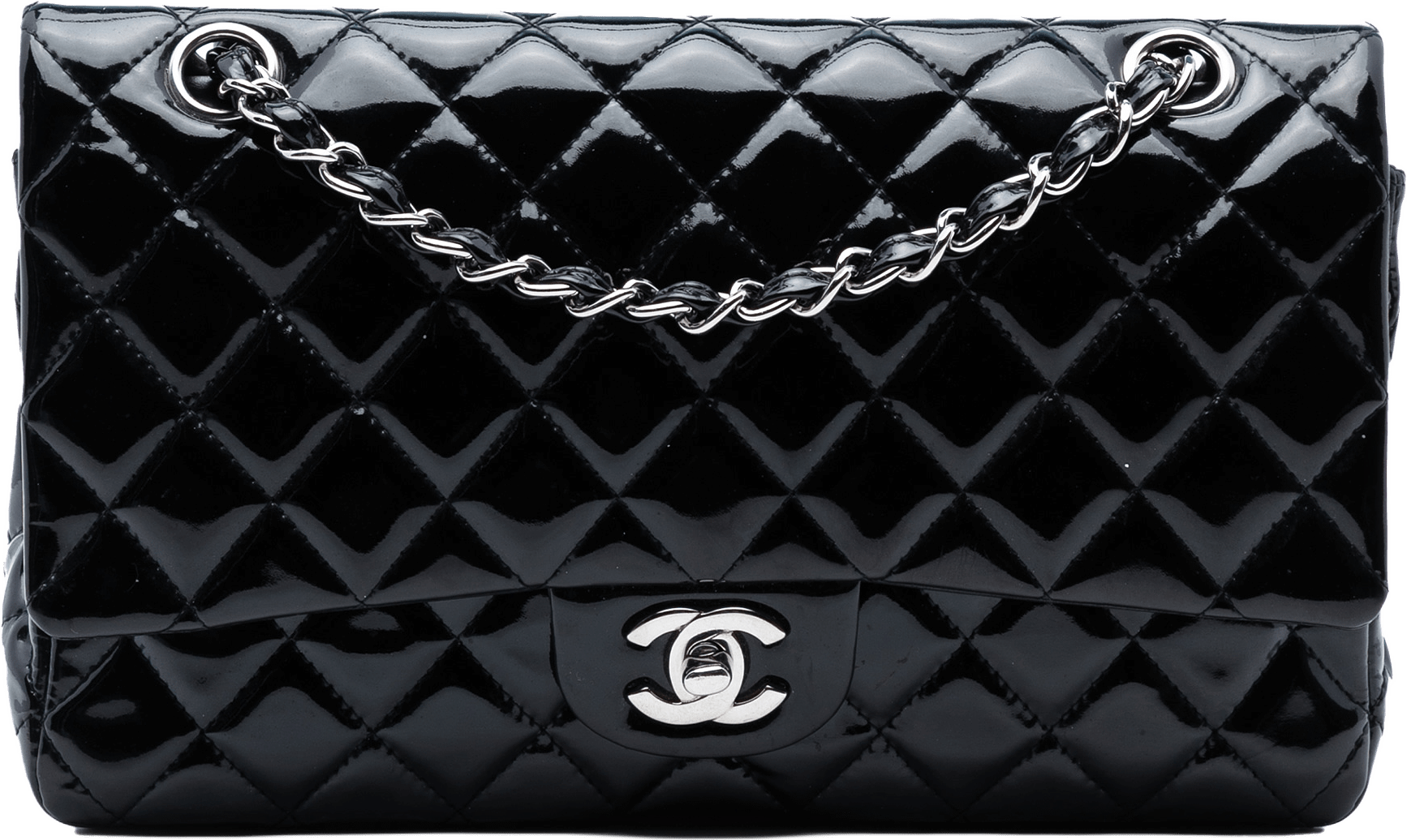 Chanel Medium Classic Patent Double Flap, från Luxclusif, i färgen black.