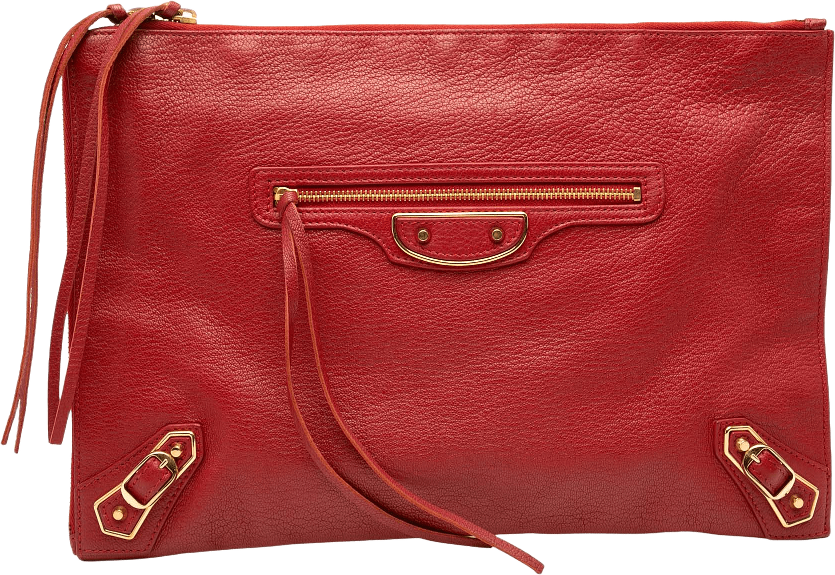 Balenciaga Veau Motocross Classic Metallic Edge Clutch, från Luxclusif, i färgen red.