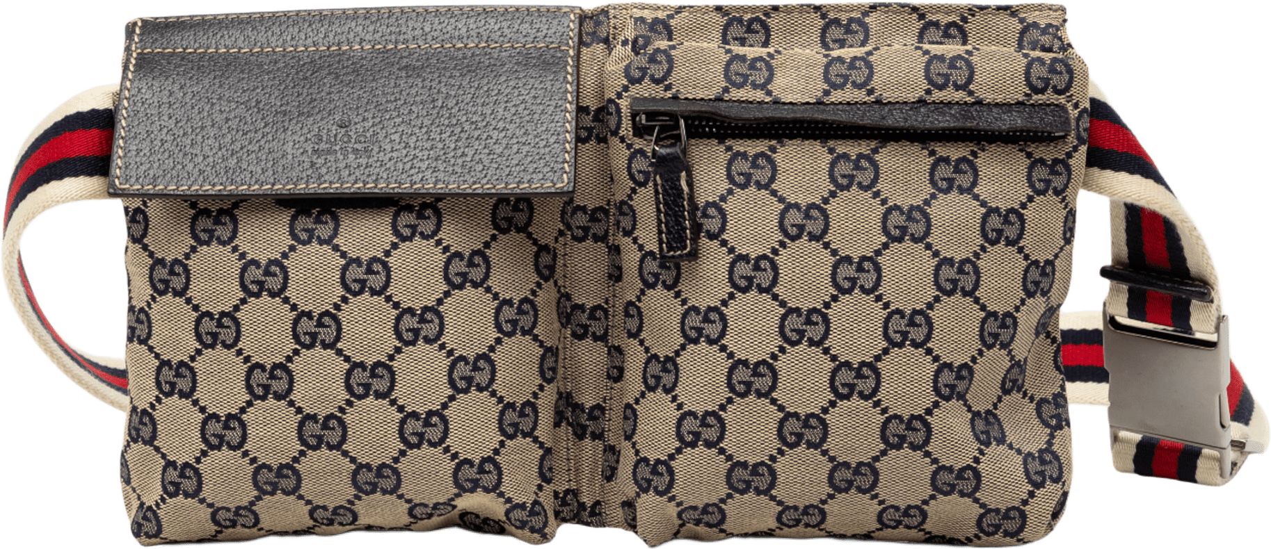 Gucci Gg Canvas Web Double Pocket Belt Bag, från Luxclusif, i färgen beige.