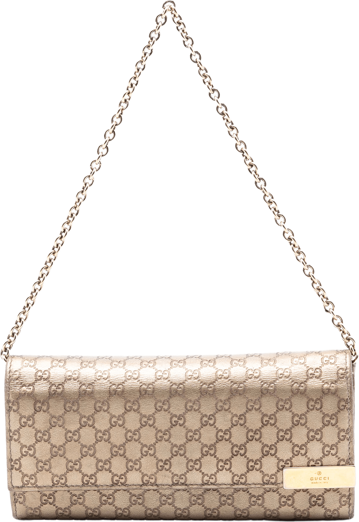 Gucci Metallic Microguccissima Dice Wallet On Chain, från Luxclusif, i färgen gold.