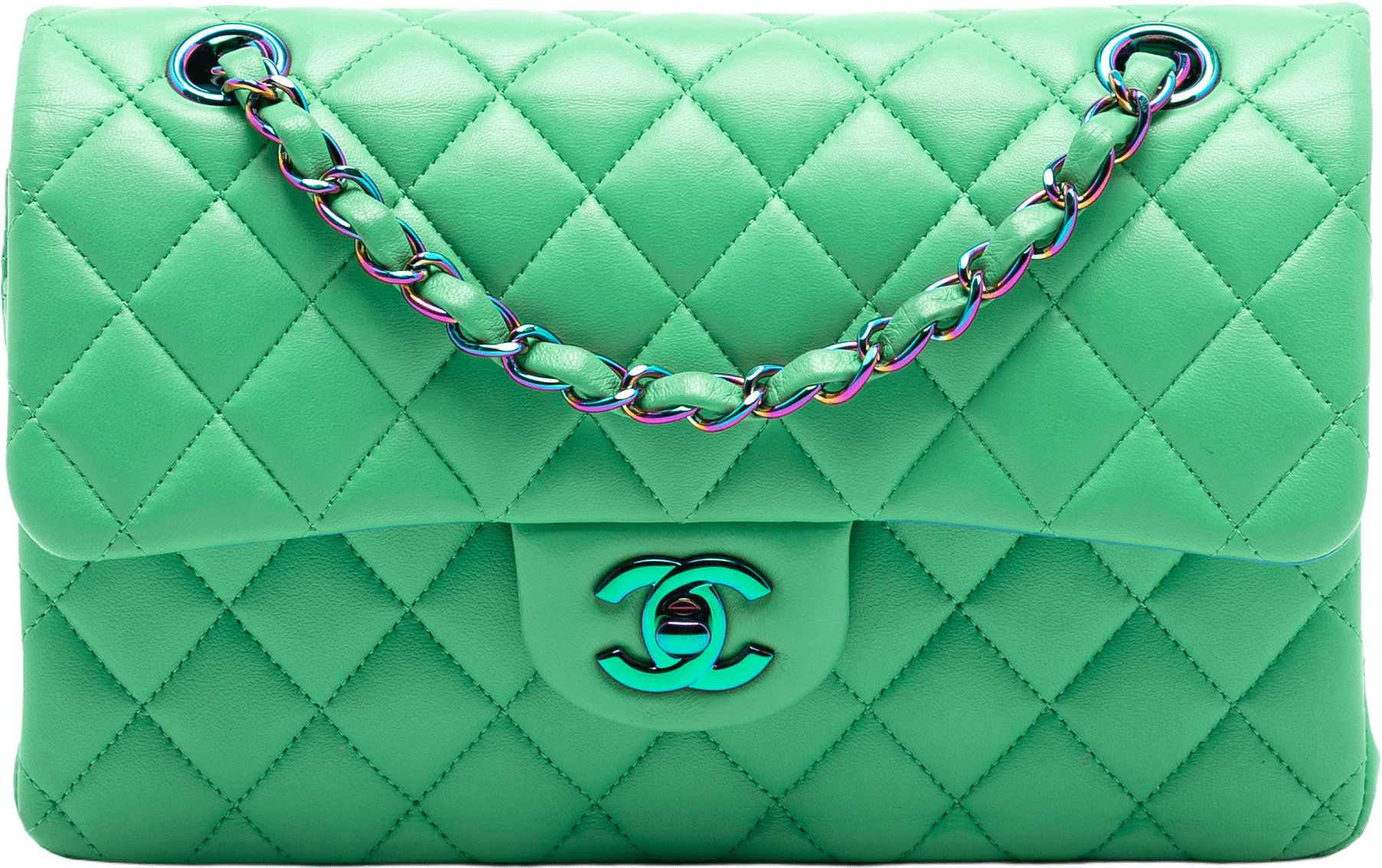 Chanel Small Classic Lambskin Rainbow Hardware Double Flap, från Luxclusif, i färgen green.