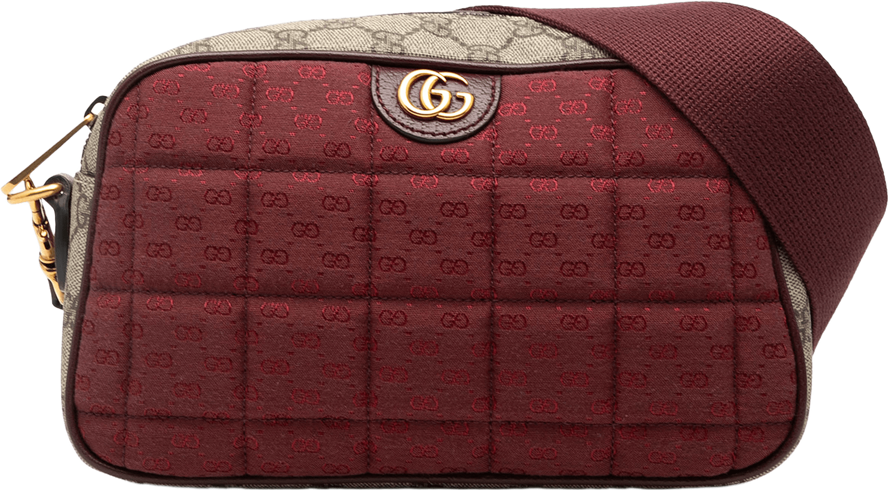Gucci Small Quilted Mini Gg Canvas And Gg Supreme Double G Crossbody, från Luxclusif, i färgen burgundy.