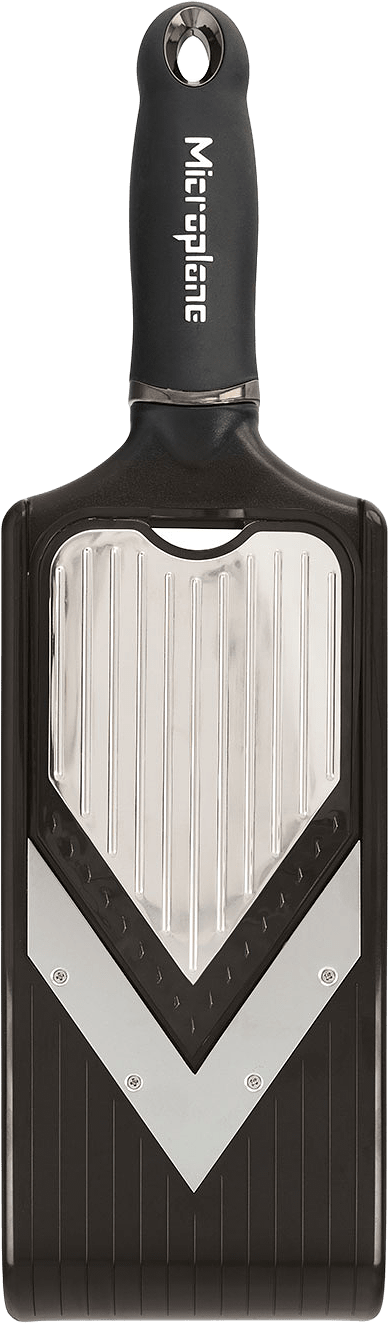 Justerbar V-bladsskärare med Juliennefunktion, från Microplane, i färgen Stål.