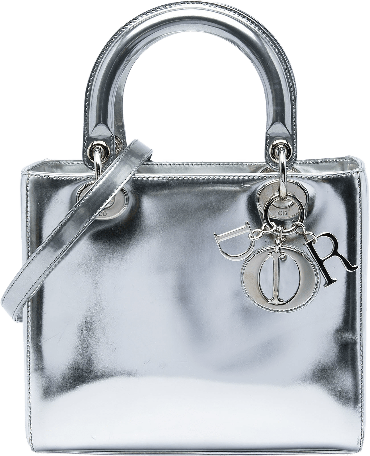 Dior Medium Metallic Patent Lady Dior, från Luxclusif, i färgen silver.