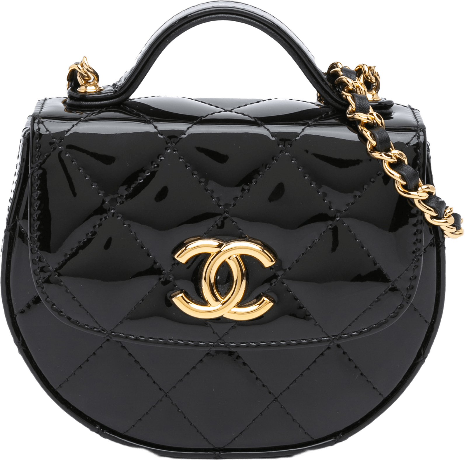Chanel Mini Cc Quilted Patent Leather Top Handle Clutch With Chain, från Luxclusif, i färgen black.