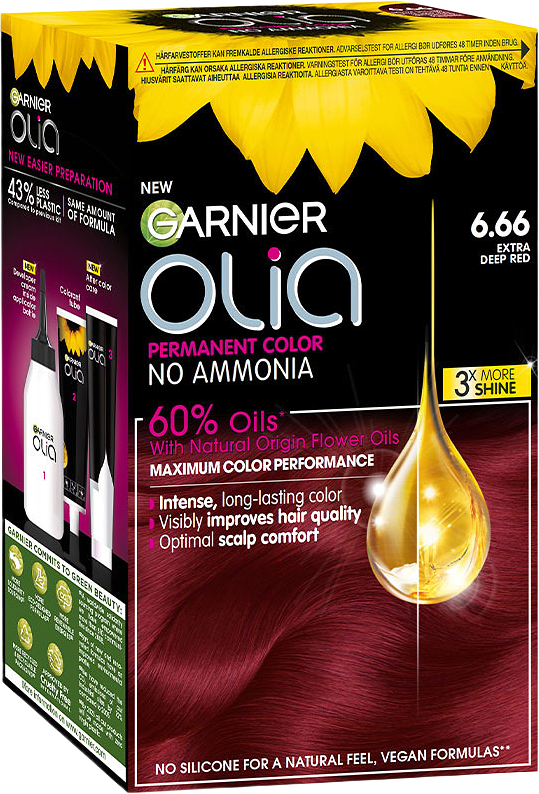 Olia Permanent Color, från Garnier, i färgen 6.66 Carmin Eclatant.